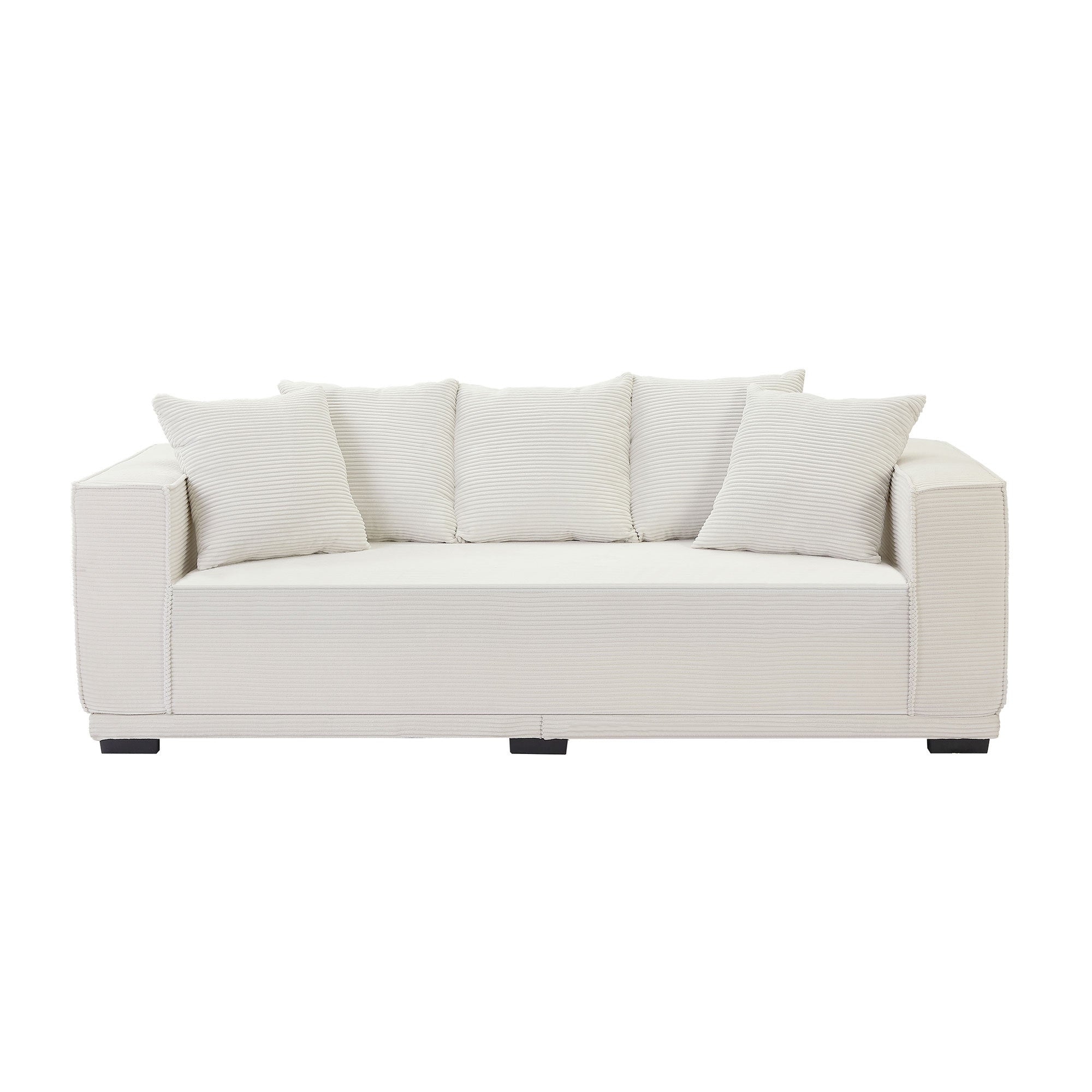 A stylish 88.97'' Mid Century Modern Upholstered Sofa in white corduroy, featuring a sleek design and five matching toss pillows, perfect for modern living rooms.