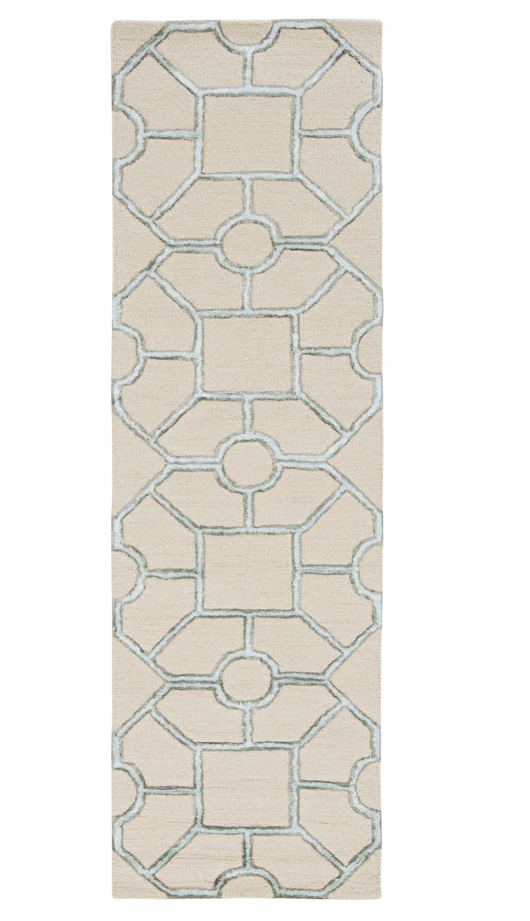8-inch beige hand tufted geometric indoor runner rug showcasing intricate patterns and textures, perfect for modern home decor.