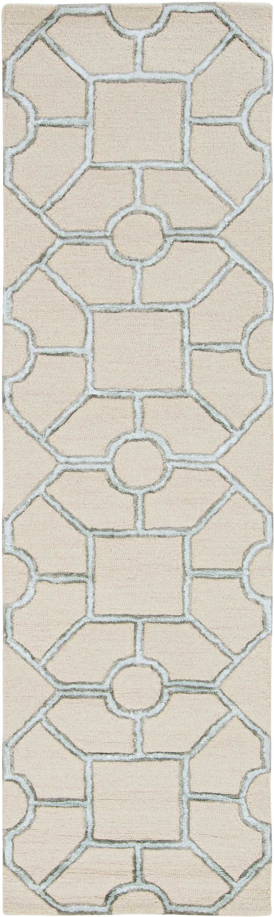 8-inch beige hand tufted geometric indoor runner rug showcasing intricate patterns and textures, perfect for modern home decor.