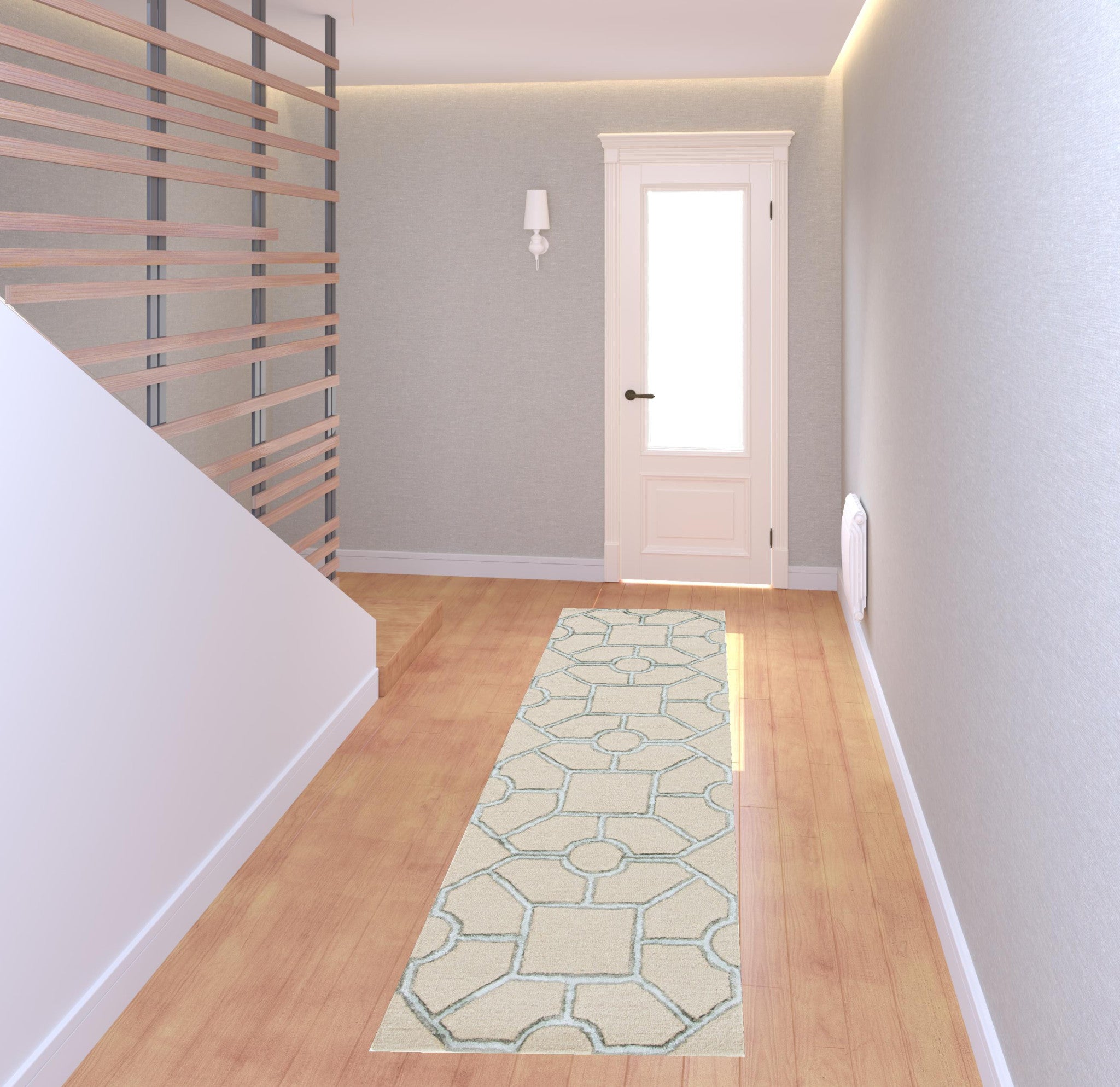 8-inch beige hand tufted geometric indoor runner rug showcasing intricate patterns and textures, perfect for modern home decor.