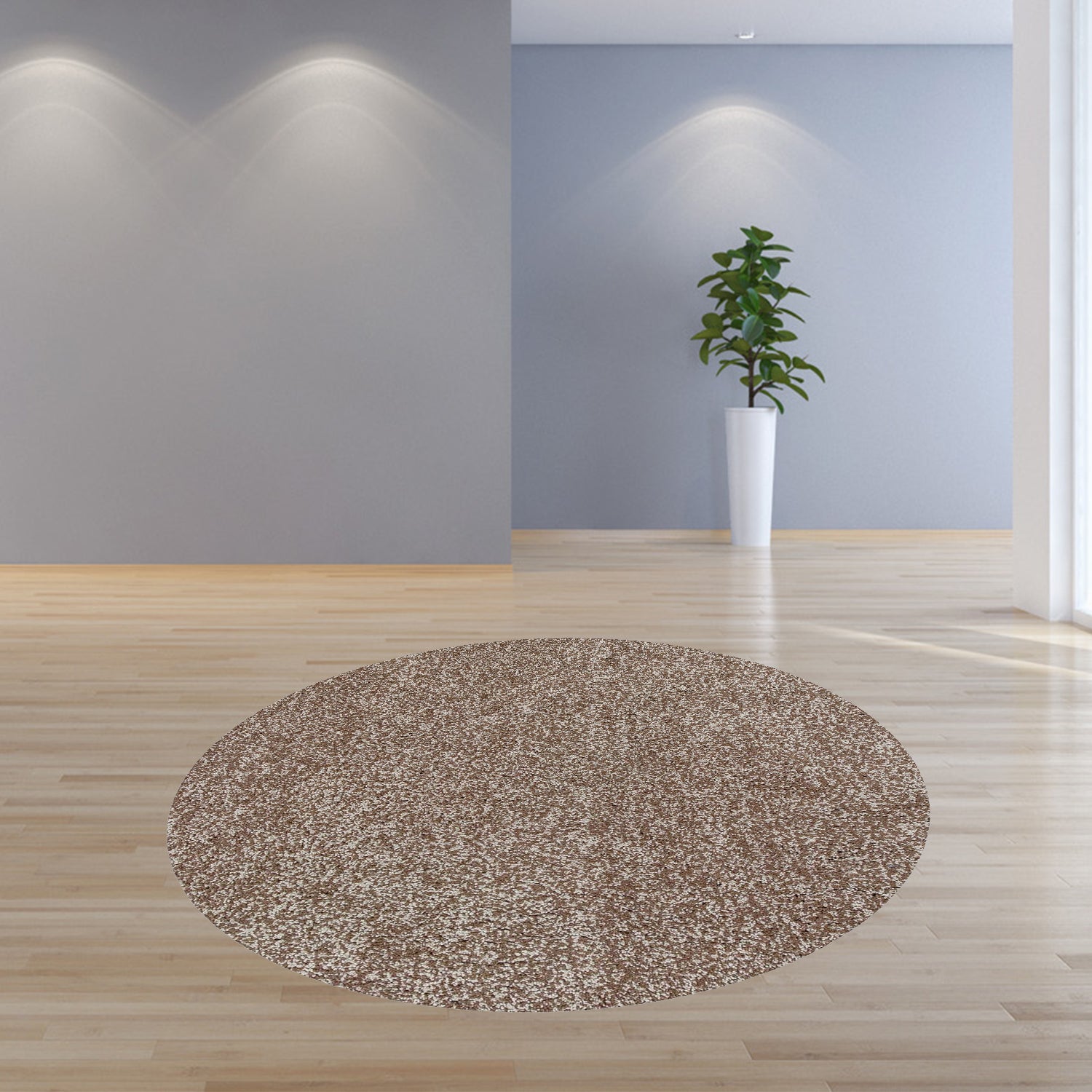 8-inch round indoor shag rug in beige heather color, showcasing a plush texture and modern design, perfect for enhancing home decor.