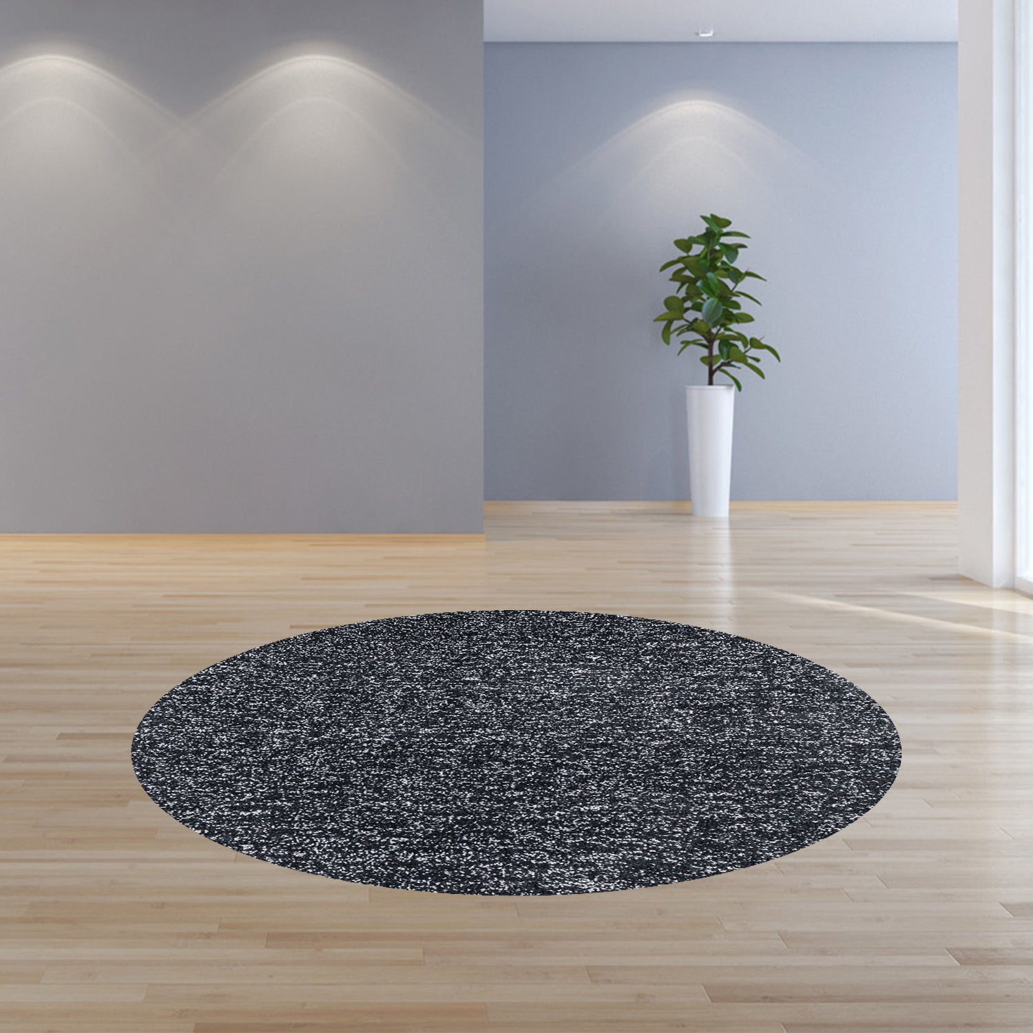 8-inch Black Heather Round Indoor Shag Rug showcasing a plush texture and elegant design, perfect for modern home decor.