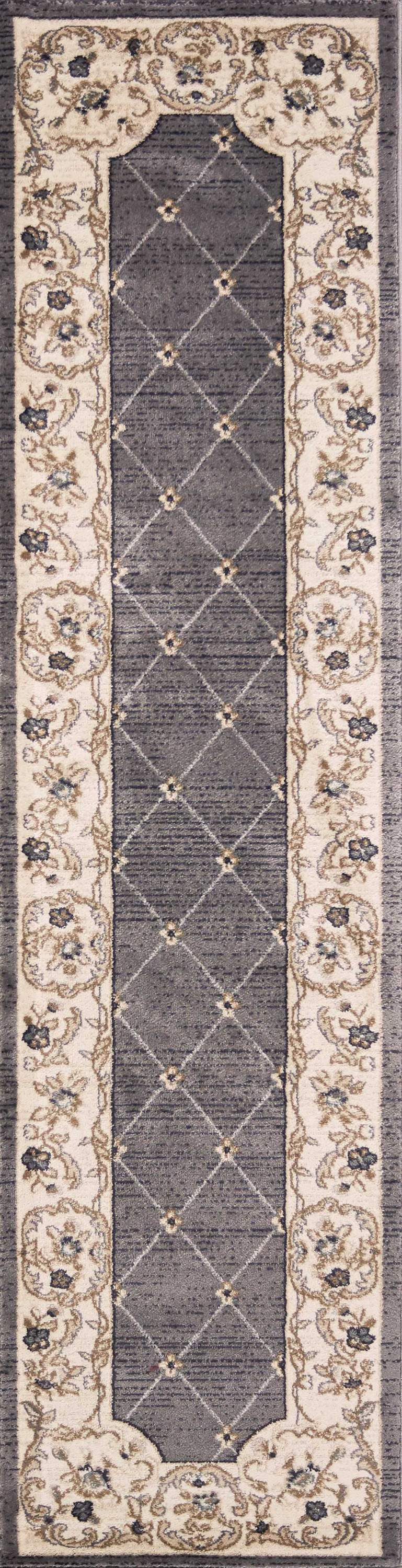 8-inch Grey Ivory Bordered Floral Indoor Runner Rug showcasing elegant floral design and modern colors.