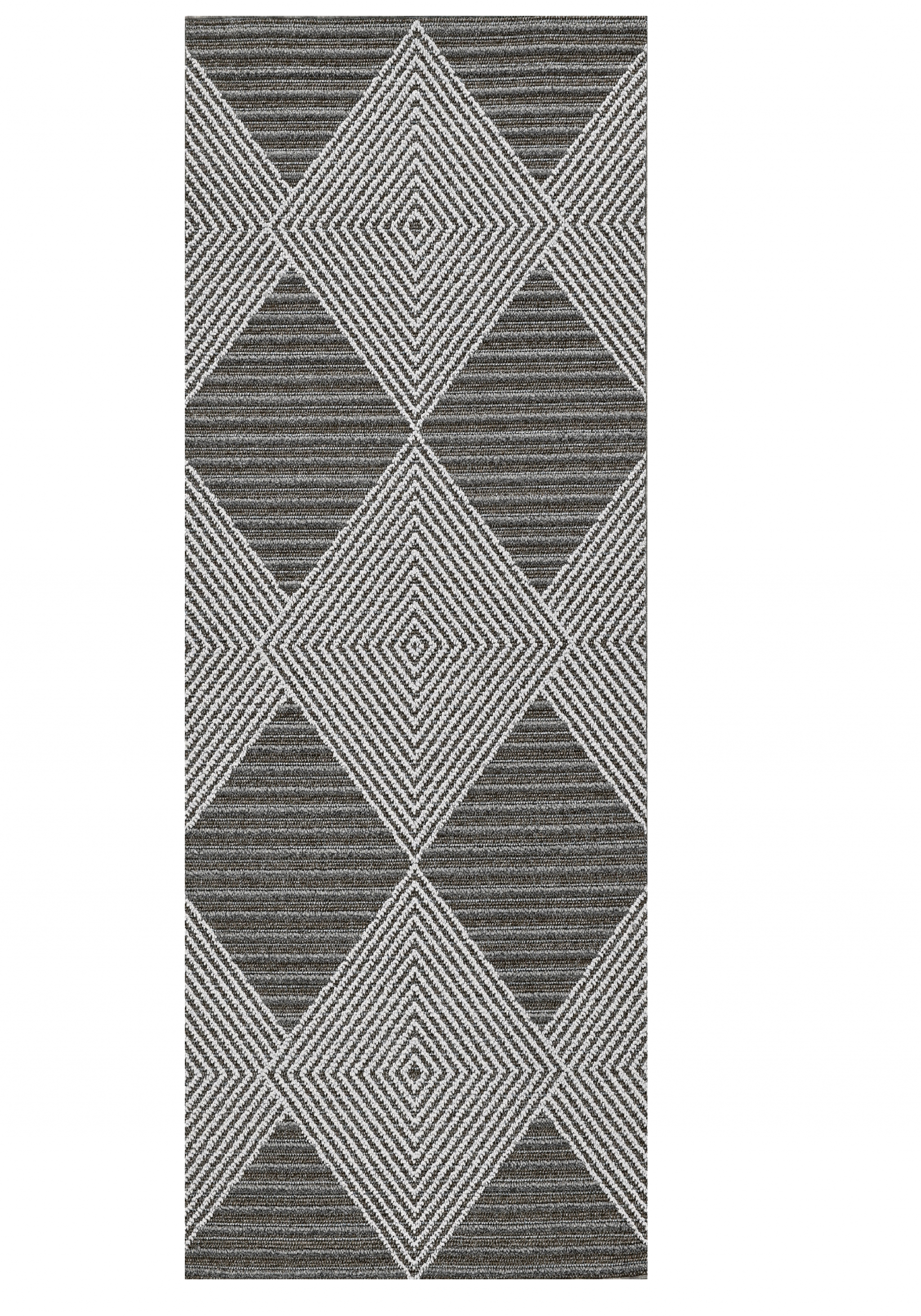 8-inch grey ivory machine woven rug featuring a diamond pattern, suitable for indoor and outdoor use.
