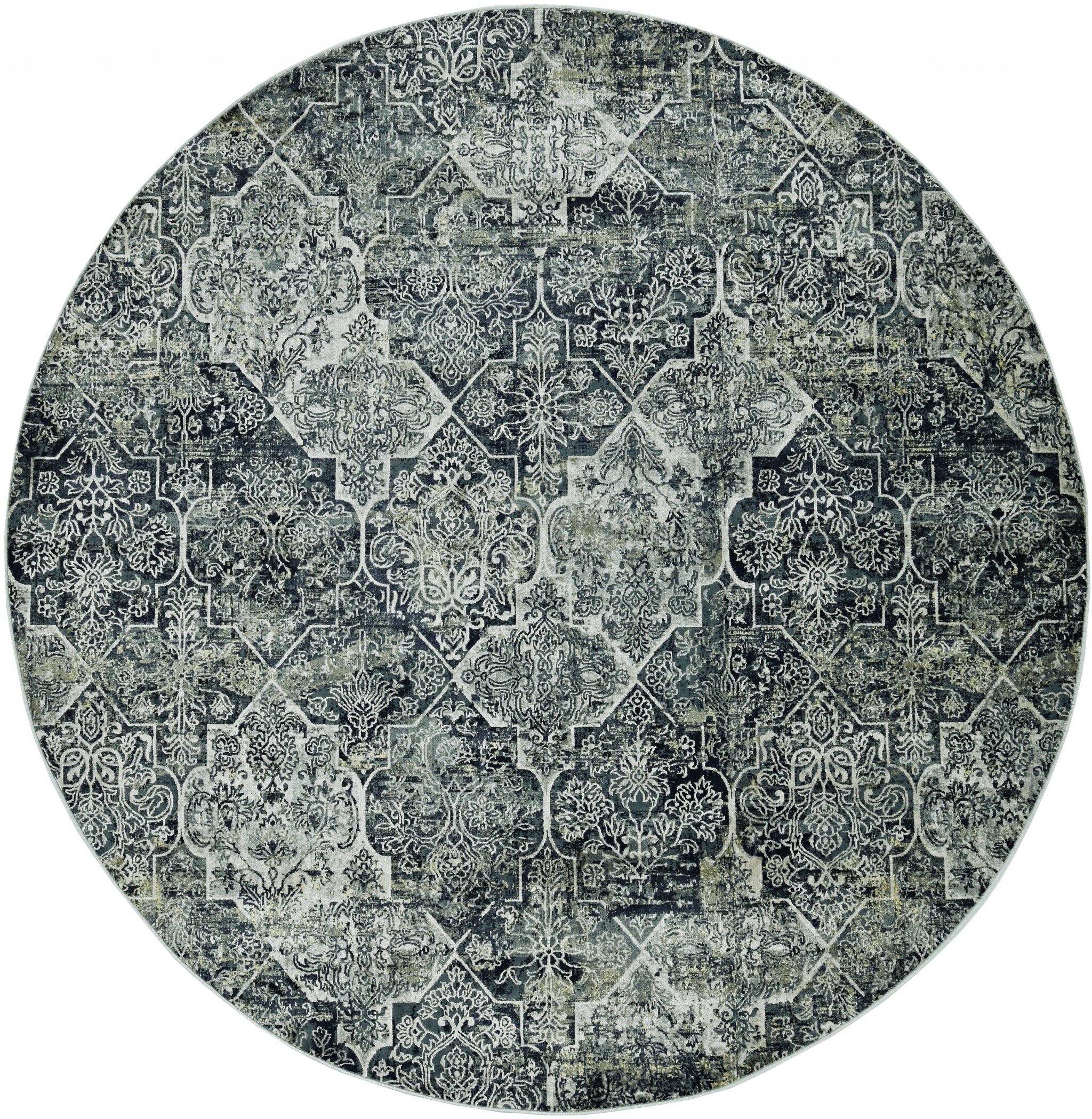 8-inch grey machine woven traditional quatrefoil round indoor area rug with metallic accents, showcasing an elegant pattern and soft texture.