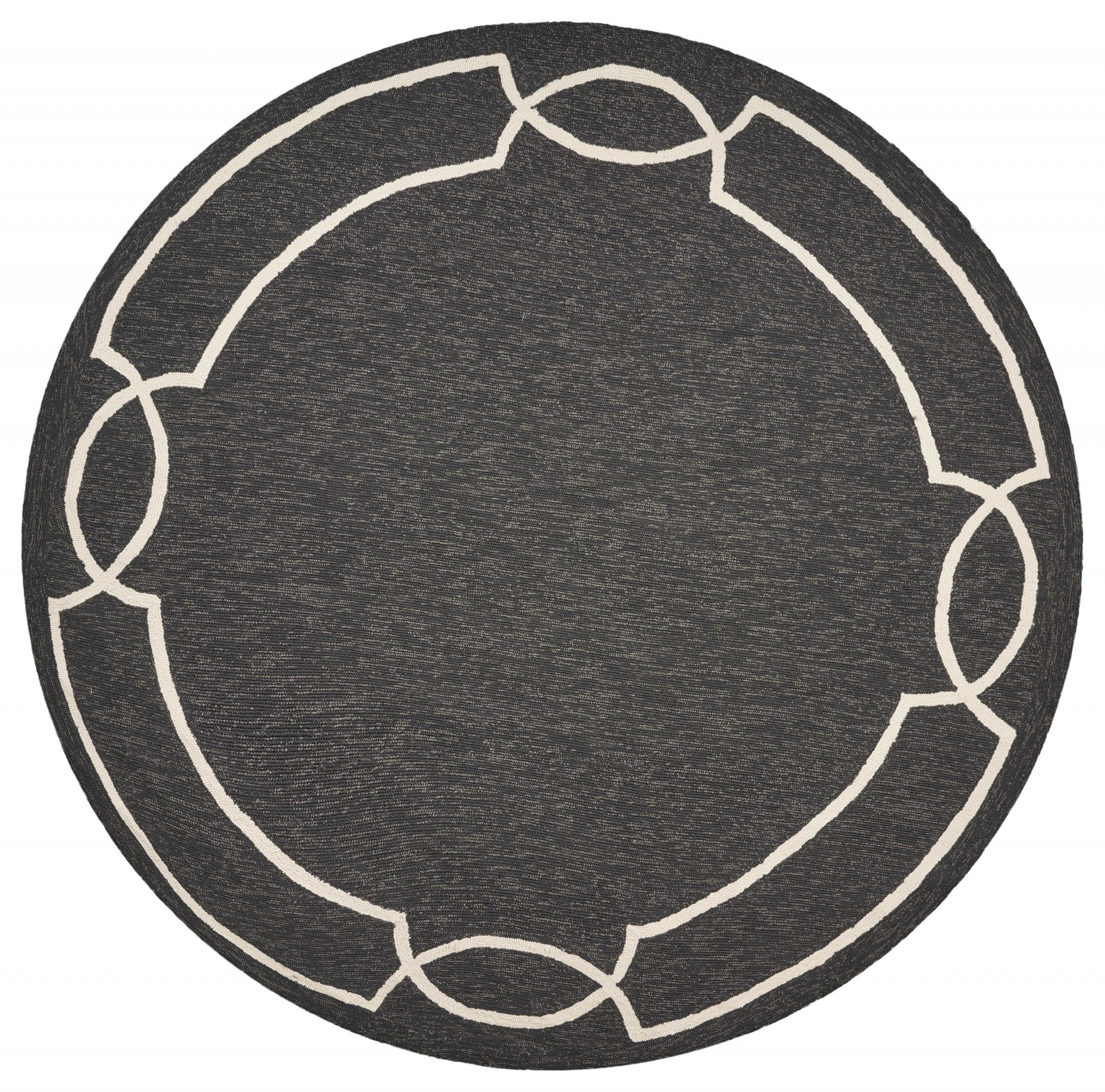 8-inch grey machine woven traditional quatrefoil round indoor area rug with metallic accents, showcasing an elegant pattern and soft texture.