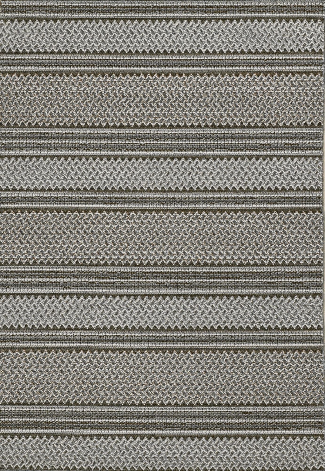 8-inch grey machine woven rug with awning stripes, suitable for indoor and outdoor use, showcasing a modern design and low pile height.