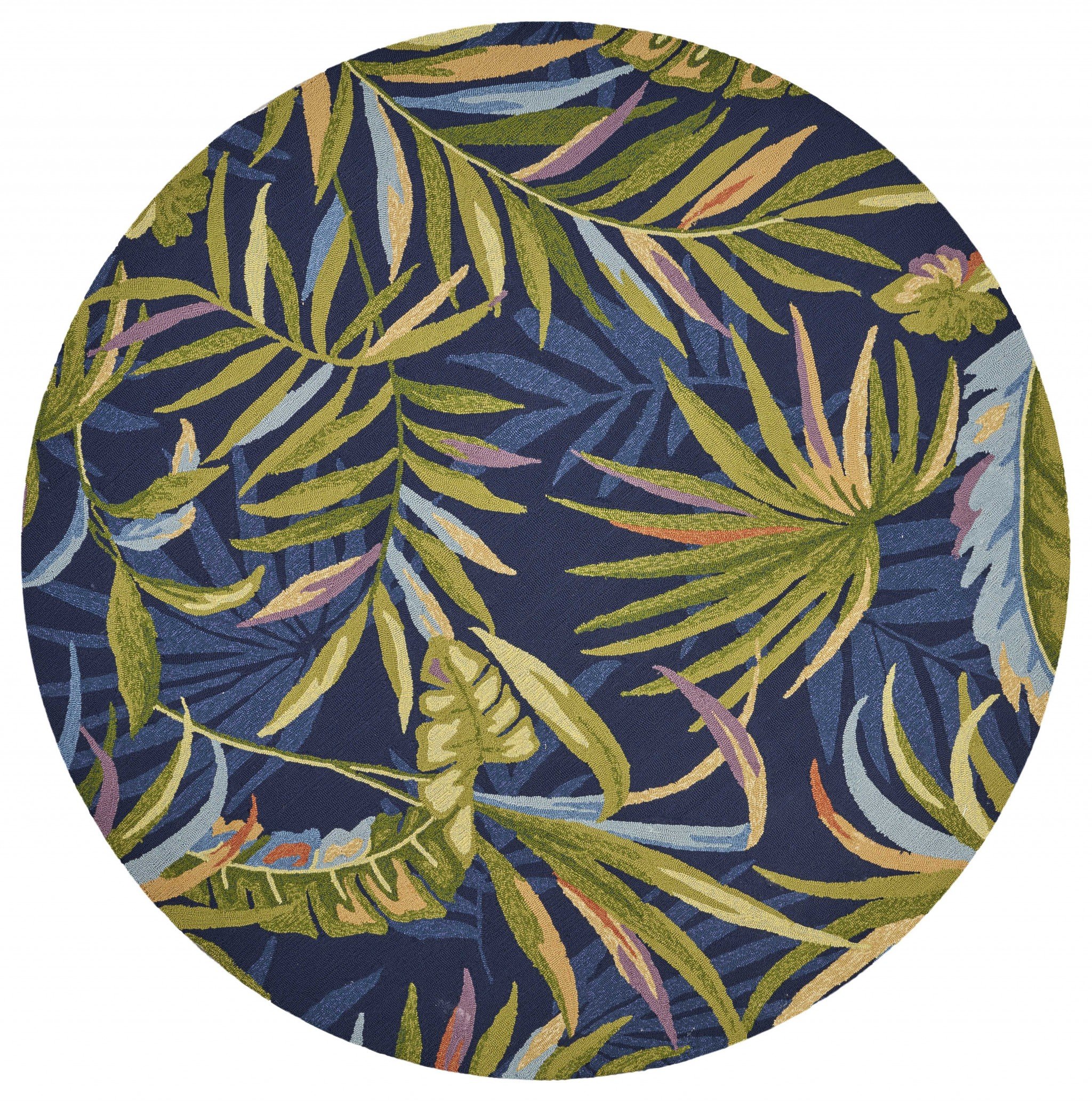 8-inch Ink Blue Hand Hooked UV Treated Rug featuring oversized tropical leaves design, perfect for indoor and outdoor use.