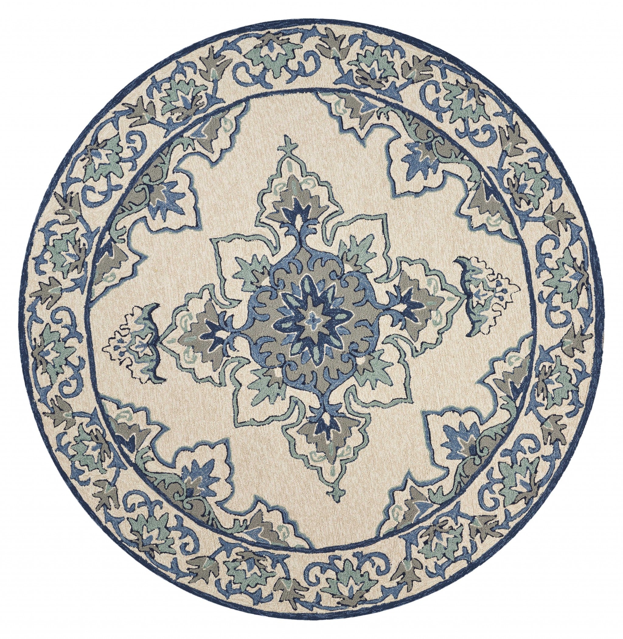 8-inch round ivory blue hand hooked rug featuring a floral medallion design, suitable for indoor and outdoor use.
