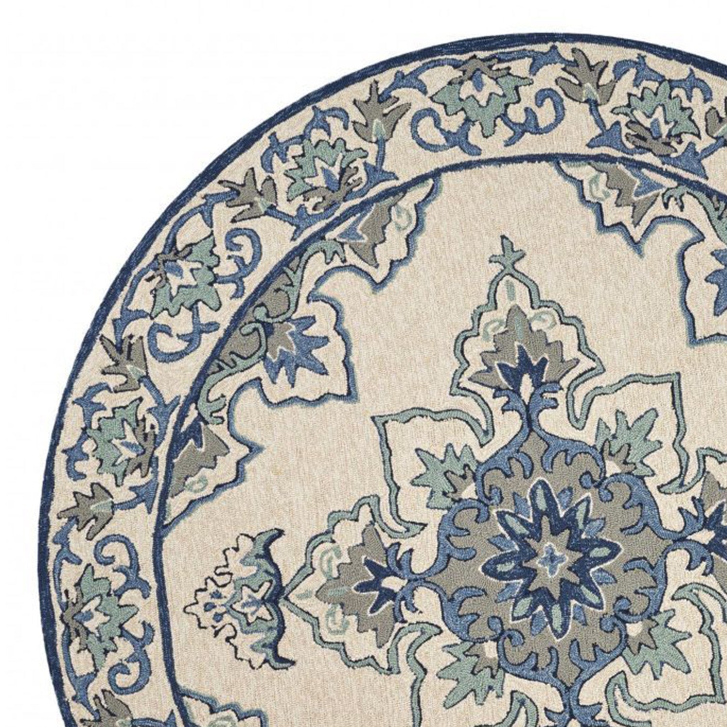 8-inch round ivory blue hand hooked rug featuring a floral medallion design, suitable for indoor and outdoor use.