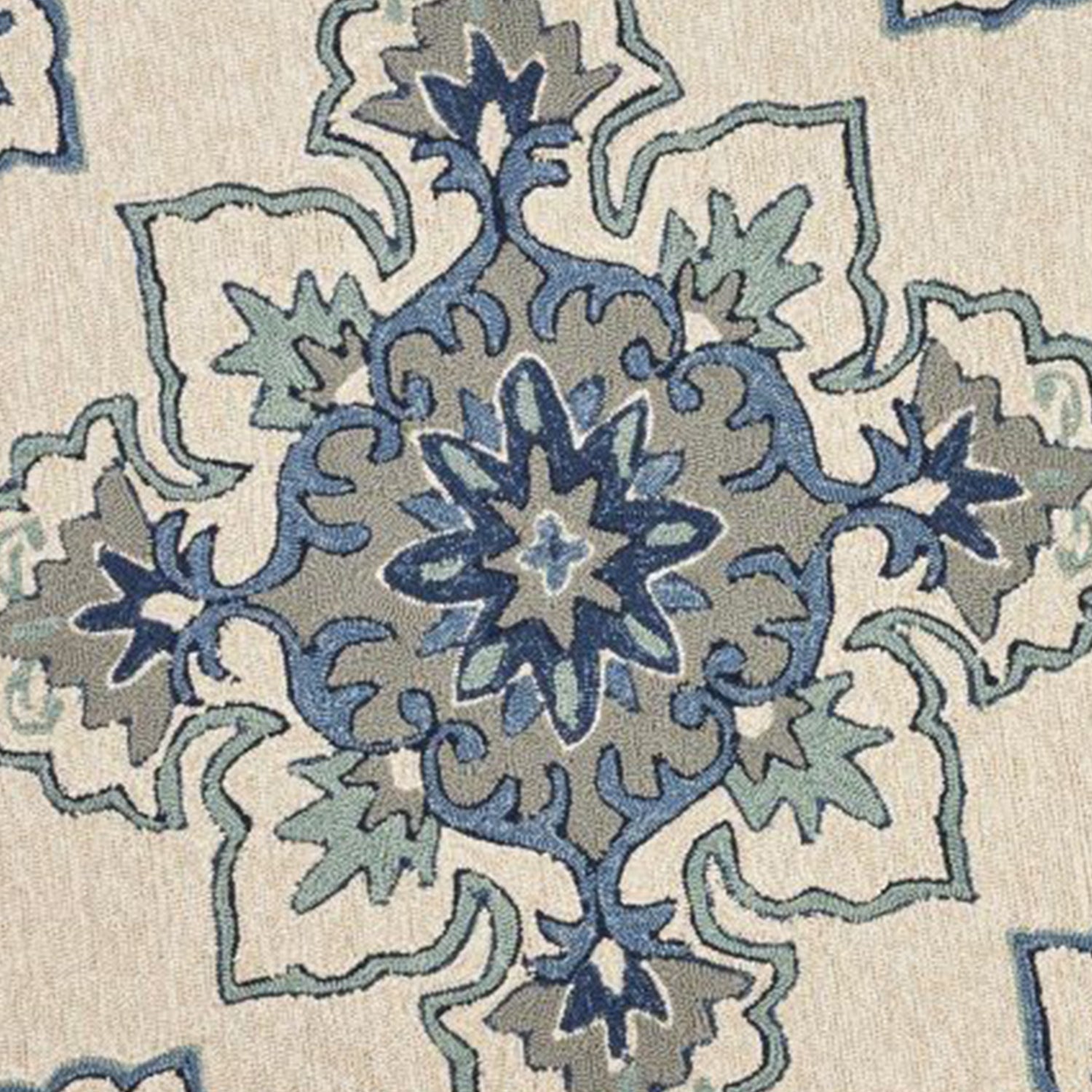 8-inch round ivory blue hand hooked rug featuring a floral medallion design, suitable for indoor and outdoor use.
