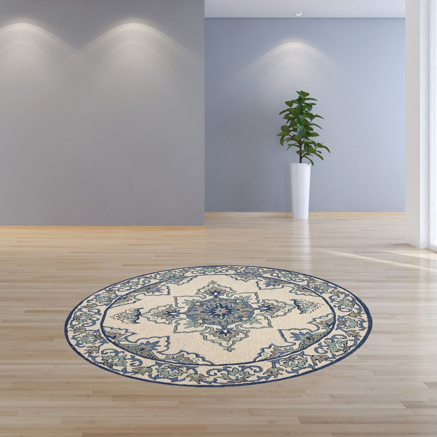 8-inch round ivory blue hand hooked rug featuring a floral medallion design, suitable for indoor and outdoor use.