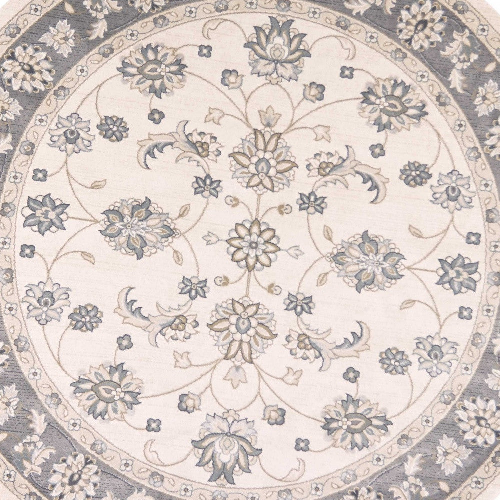 8-inch ivory grey floral round indoor area rug with intricate floral patterns, perfect for enhancing home decor.