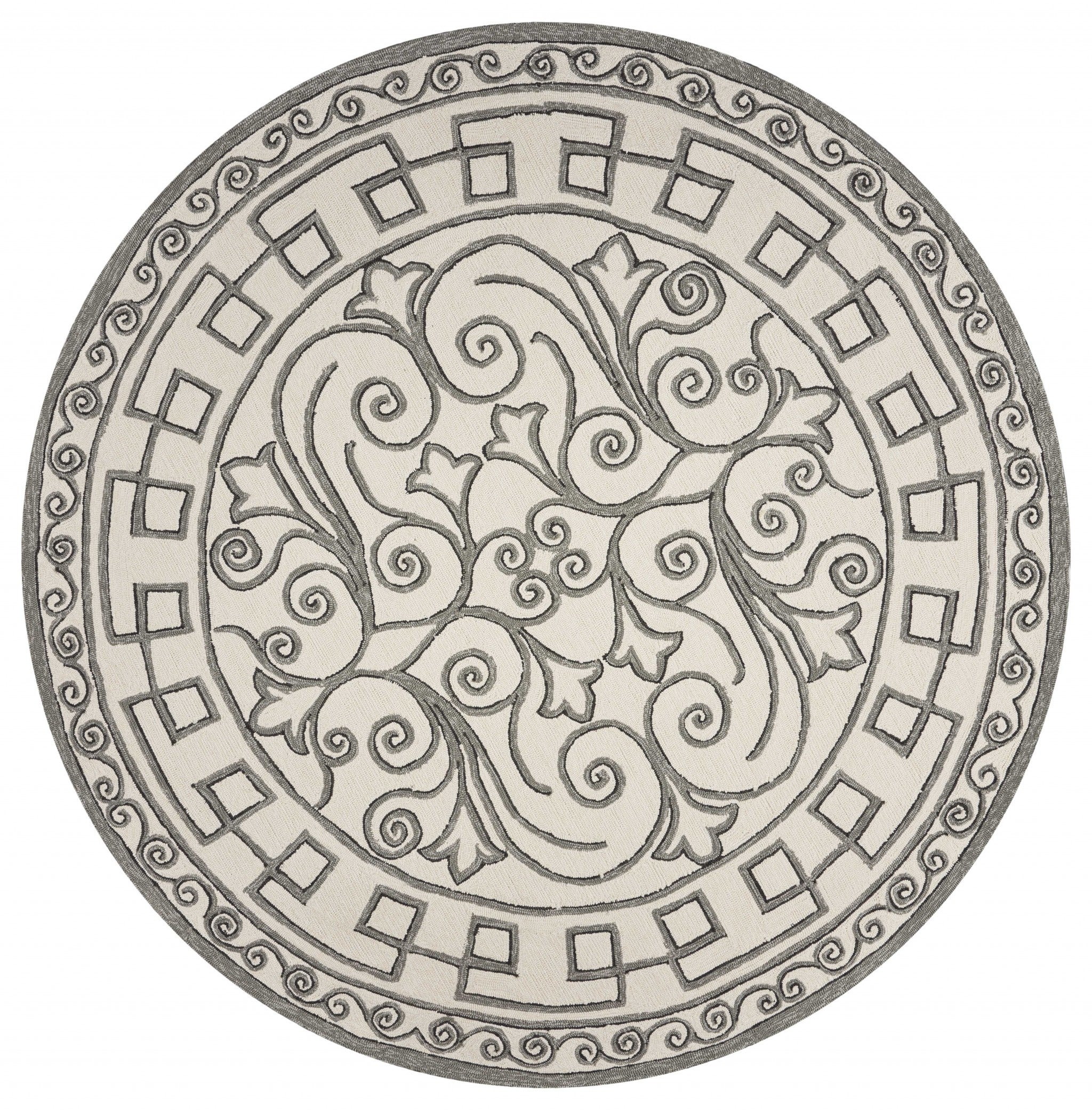 8-inch round ivory grey hand woven rug featuring a Greek key medallion design, suitable for indoor and outdoor use.