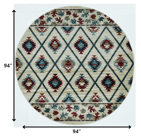 8-inch ivory machine woven geometric lodge round indoor area rug showcasing a stylish geometric pattern, perfect for enhancing home decor.
