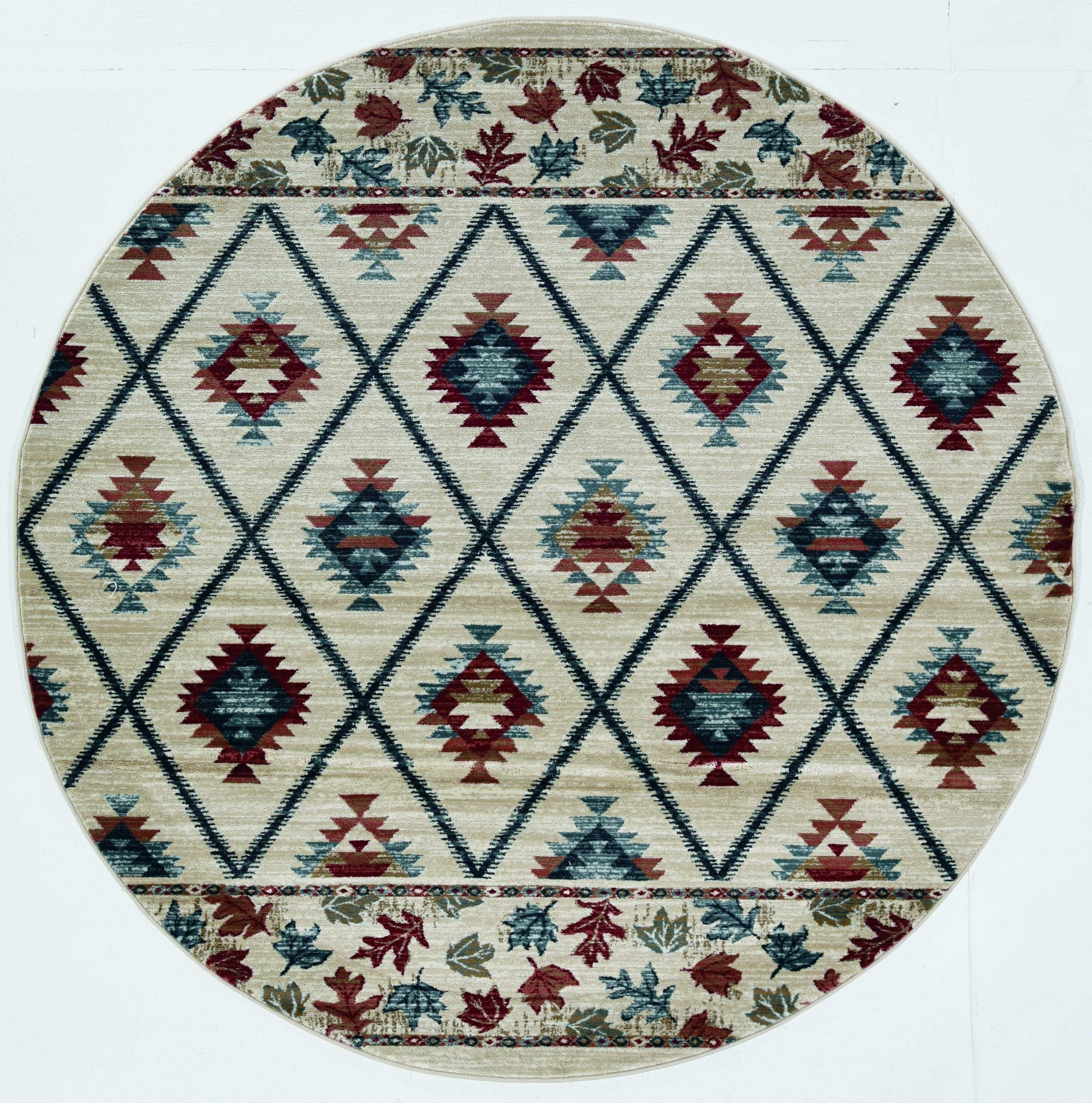 8-inch ivory machine woven geometric lodge round indoor area rug showcasing a stylish geometric pattern, perfect for enhancing home decor.