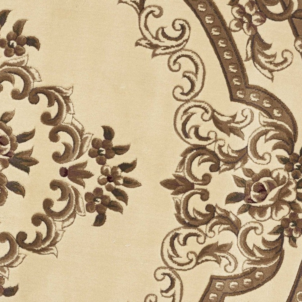 8-inch ivory machine woven hand carved floral medallion round indoor rug, showcasing intricate floral patterns and a soft texture.