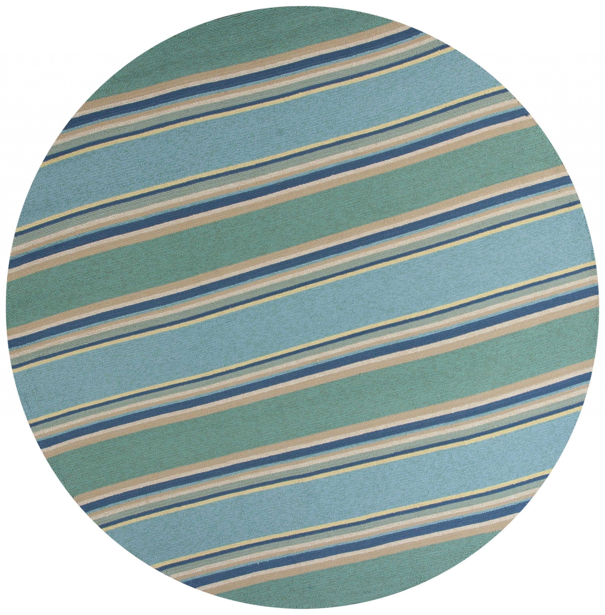 8-inch Ocean Blue Hand Hooked Round Rug with Awning Stripes, perfect for indoor and outdoor use, showcasing intricate hand-hooked craftsmanship.