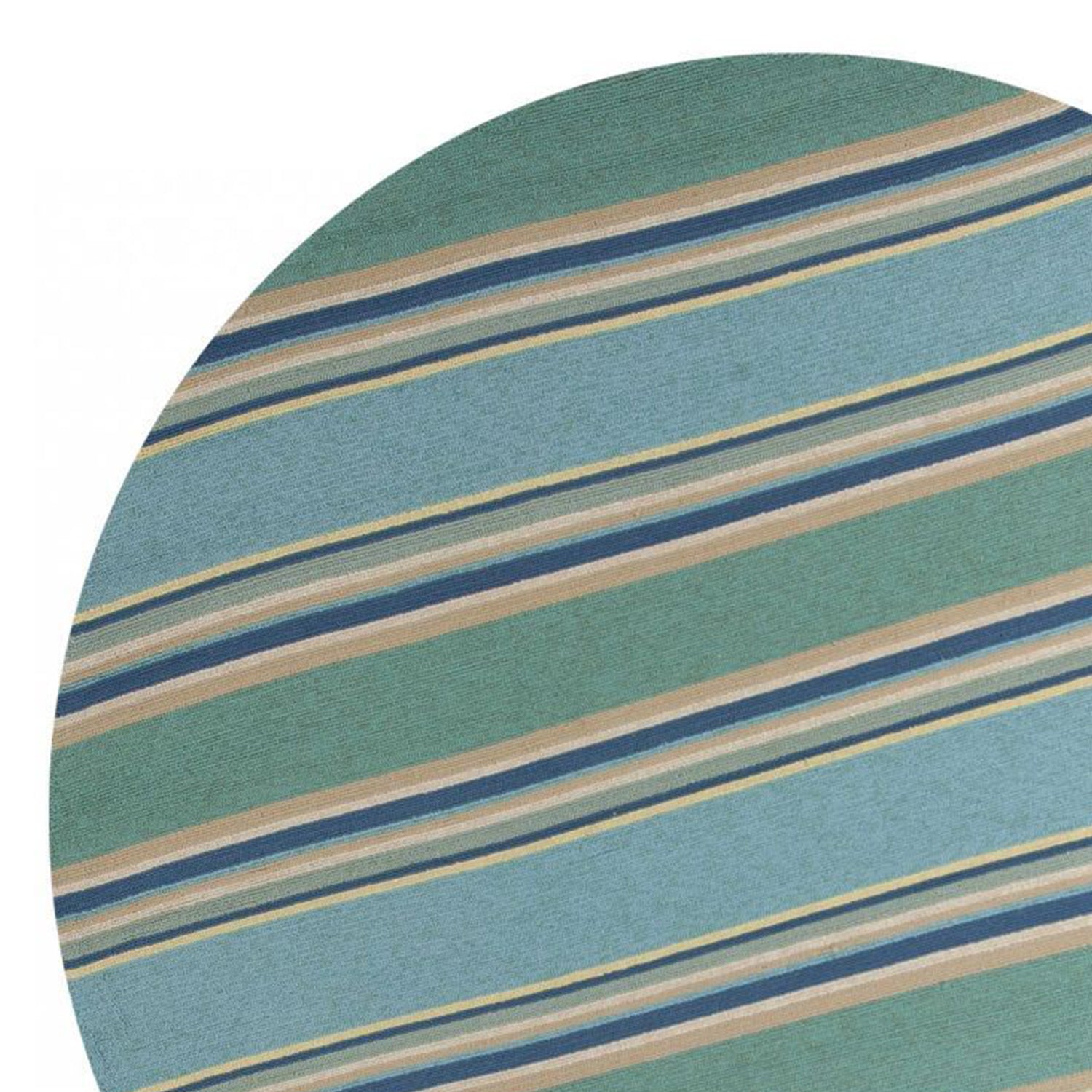 8-inch Ocean Blue Hand Hooked Round Rug with Awning Stripes, perfect for indoor and outdoor use, showcasing intricate hand-hooked craftsmanship.