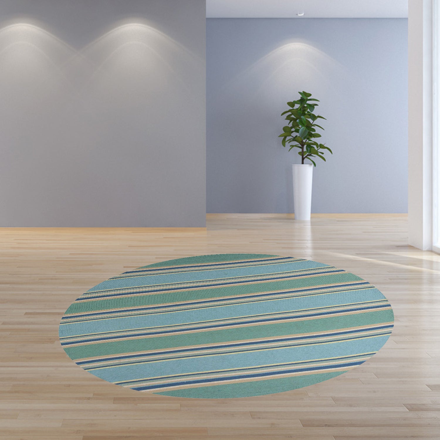 8-inch Ocean Blue Hand Hooked Round Rug with Awning Stripes, perfect for indoor and outdoor use, showcasing intricate hand-hooked craftsmanship.