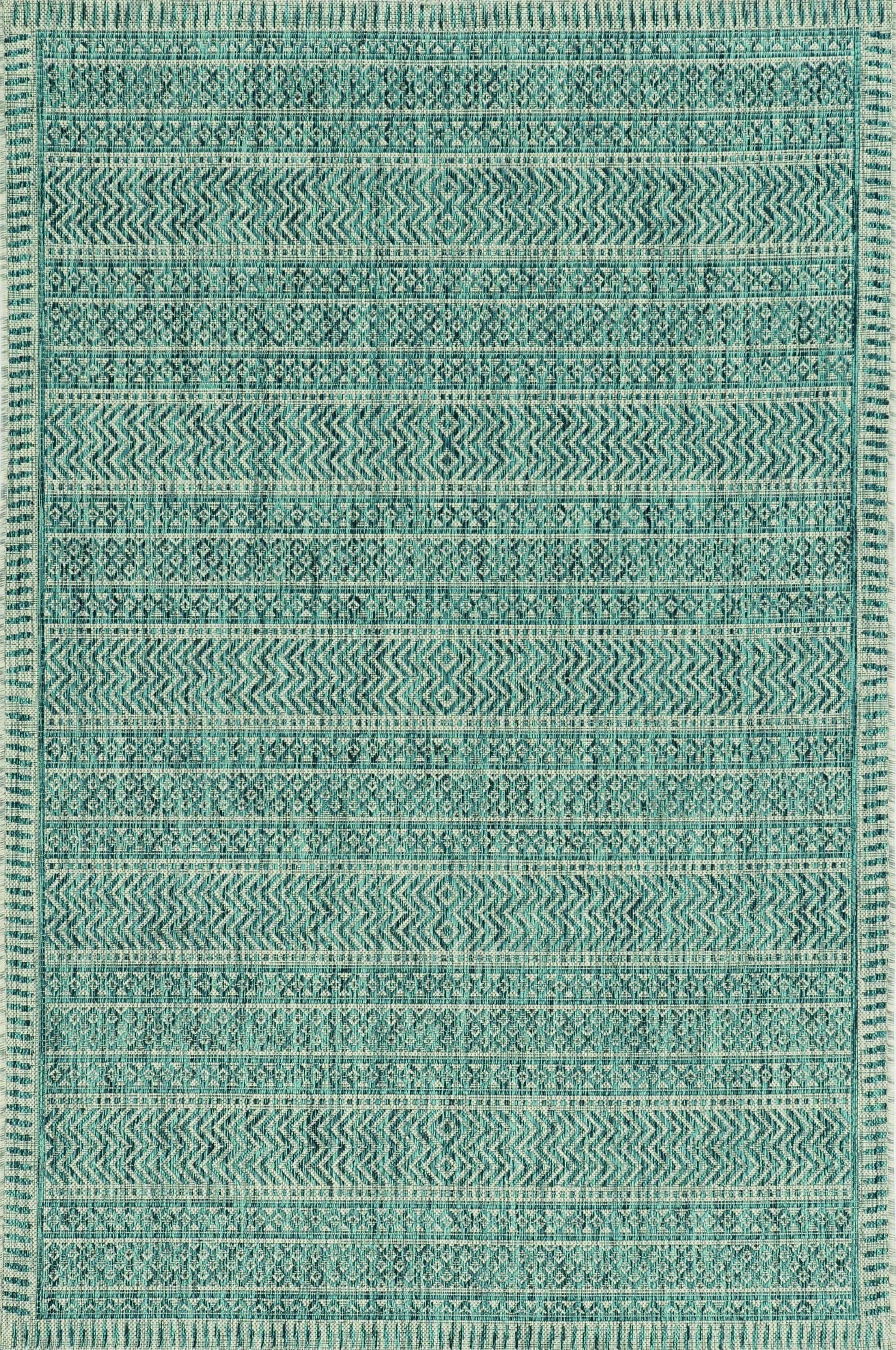 8-inch round teal geometric pattern area rug, showcasing vibrant colors and modern design suitable for indoor and outdoor use.