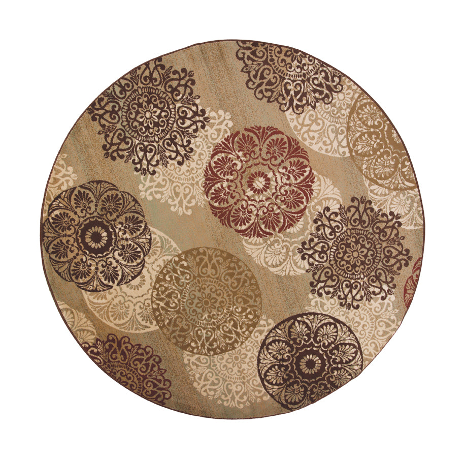 8-inch sage green machine woven floral medallion round indoor area rug, showcasing intricate floral patterns and a soft texture.