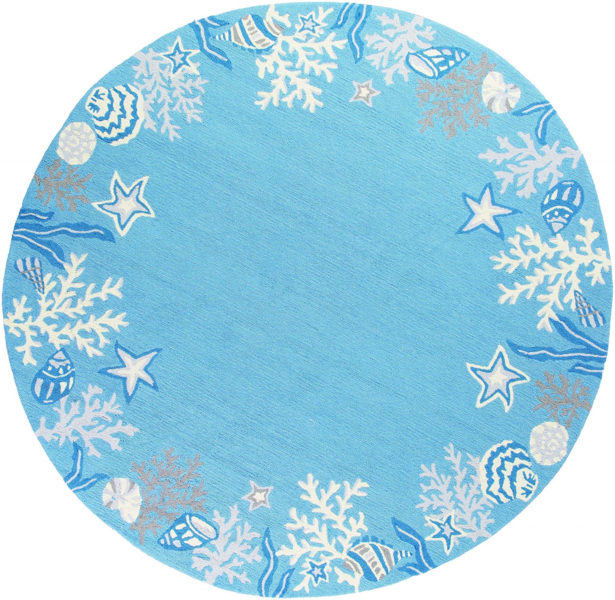 8-inch round indoor area rug in sea blue with bordered coral reef design, hand-hooked for quality and style.