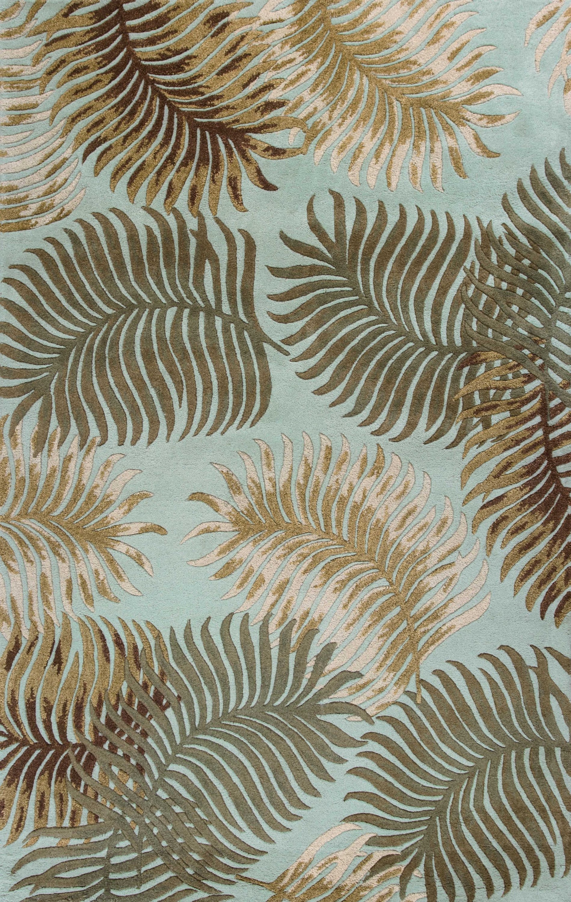 A beautiful 8x10 wool aqua area rug featuring a nature-inspired fern design, hand-tufted for quality and elegance.