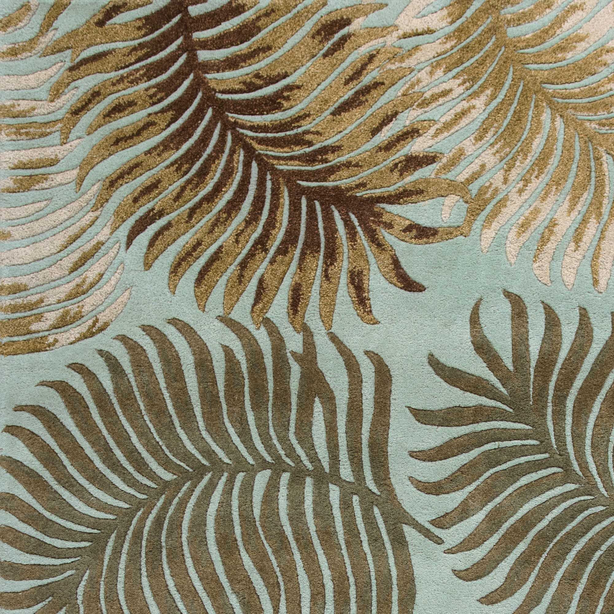 A beautiful 8x10 wool aqua area rug featuring a nature-inspired fern design, hand-tufted for quality and elegance.