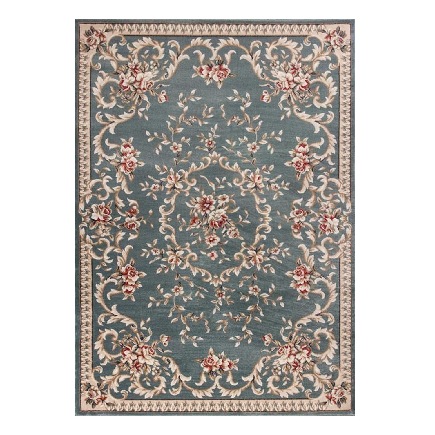 8x10 Slate Blue Floral Bordered Indoor Area Rug showcasing intricate floral patterns on a slate blue background, perfect for modern home decor.