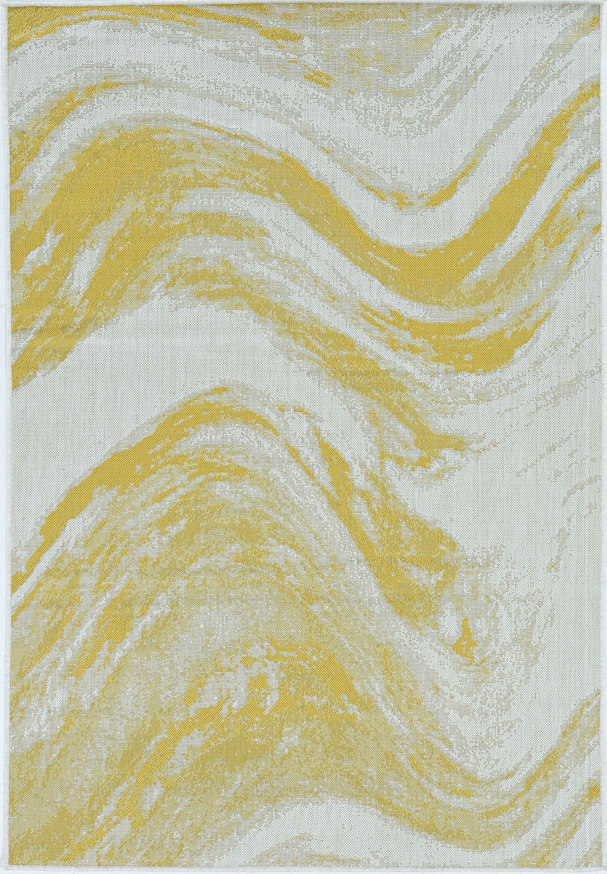 8x11 ivory and gold abstract brushstrokes indoor area rug, showcasing elegant design and modern style.