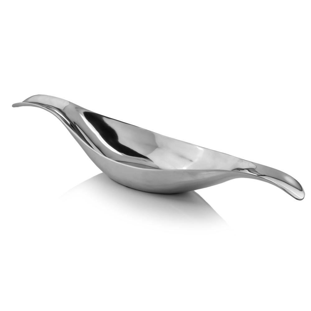 A stunning silver aluminum long wavy bowl, elegantly designed with smooth curves, measuring 8 inches wide, 34.5 inches deep, and 5.5 inches high.