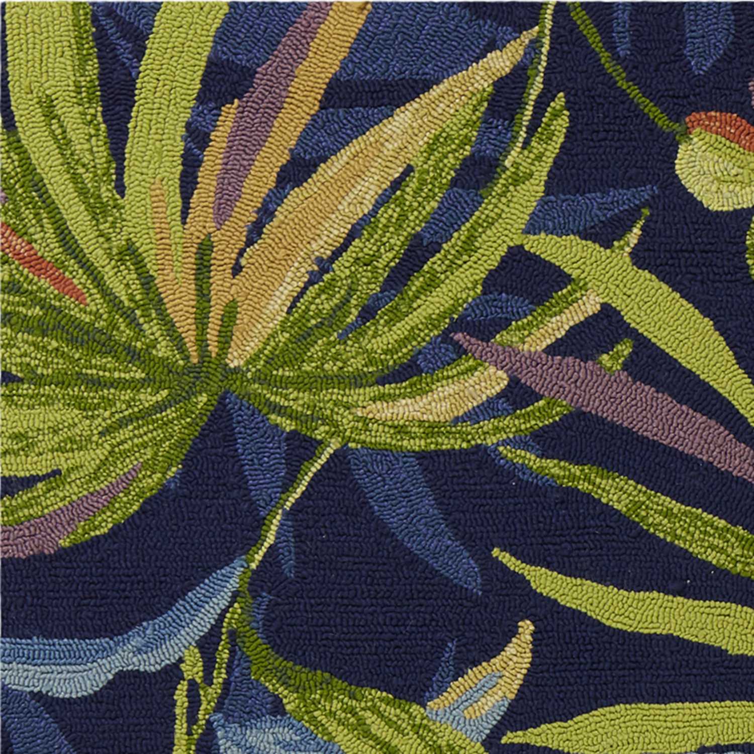 8x10 Ink Blue Hand Hooked UV Treated Oversized Tropical rug featuring intricate tropical leaf patterns, perfect for indoor and outdoor use.
