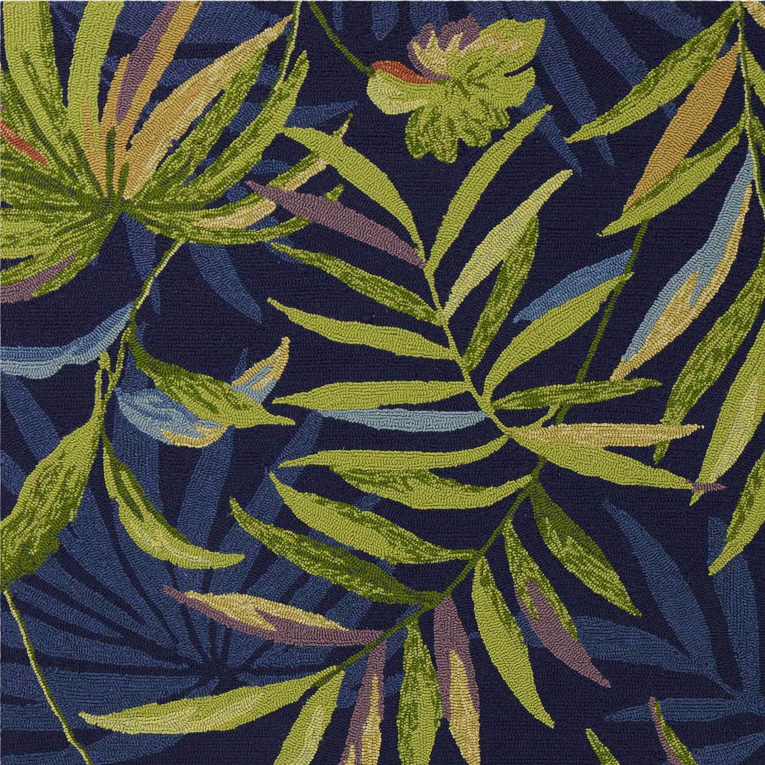 8x10 Ink Blue Hand Hooked UV Treated Oversized Tropical rug featuring intricate tropical leaf patterns, perfect for indoor and outdoor use.