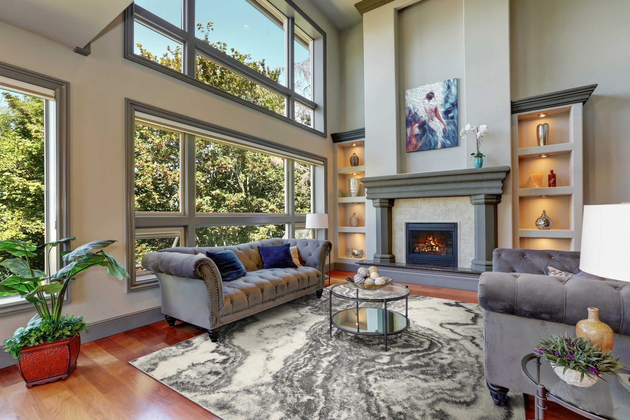 8x10 ivory grey machine woven abstract marble indoor area rug showcasing unique watercolor patterns.