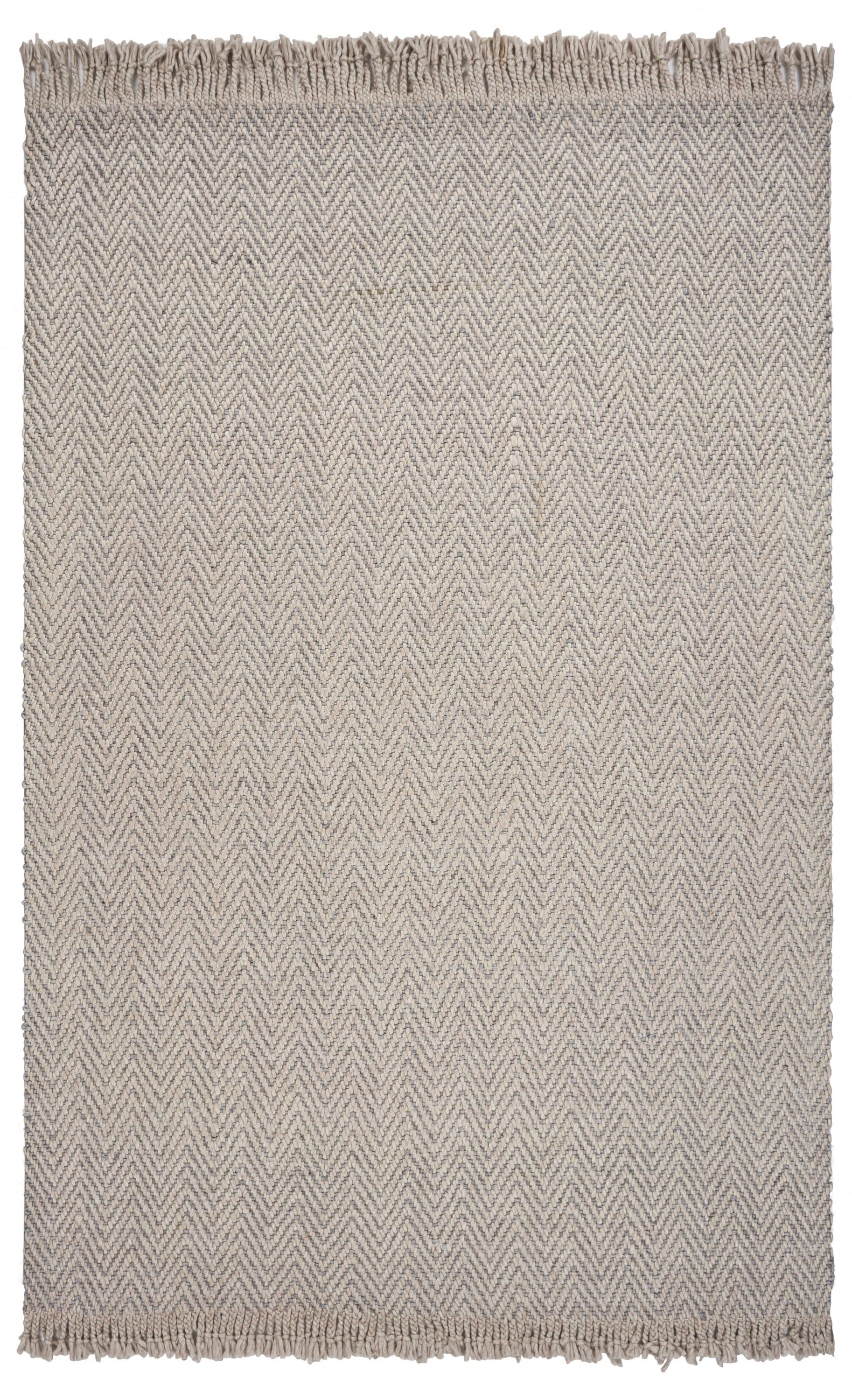 8 inches x 10 inches oatmeal beige hand woven herringbone indoor area rug with braided fringe, showcasing a modern design and high-quality wool material.