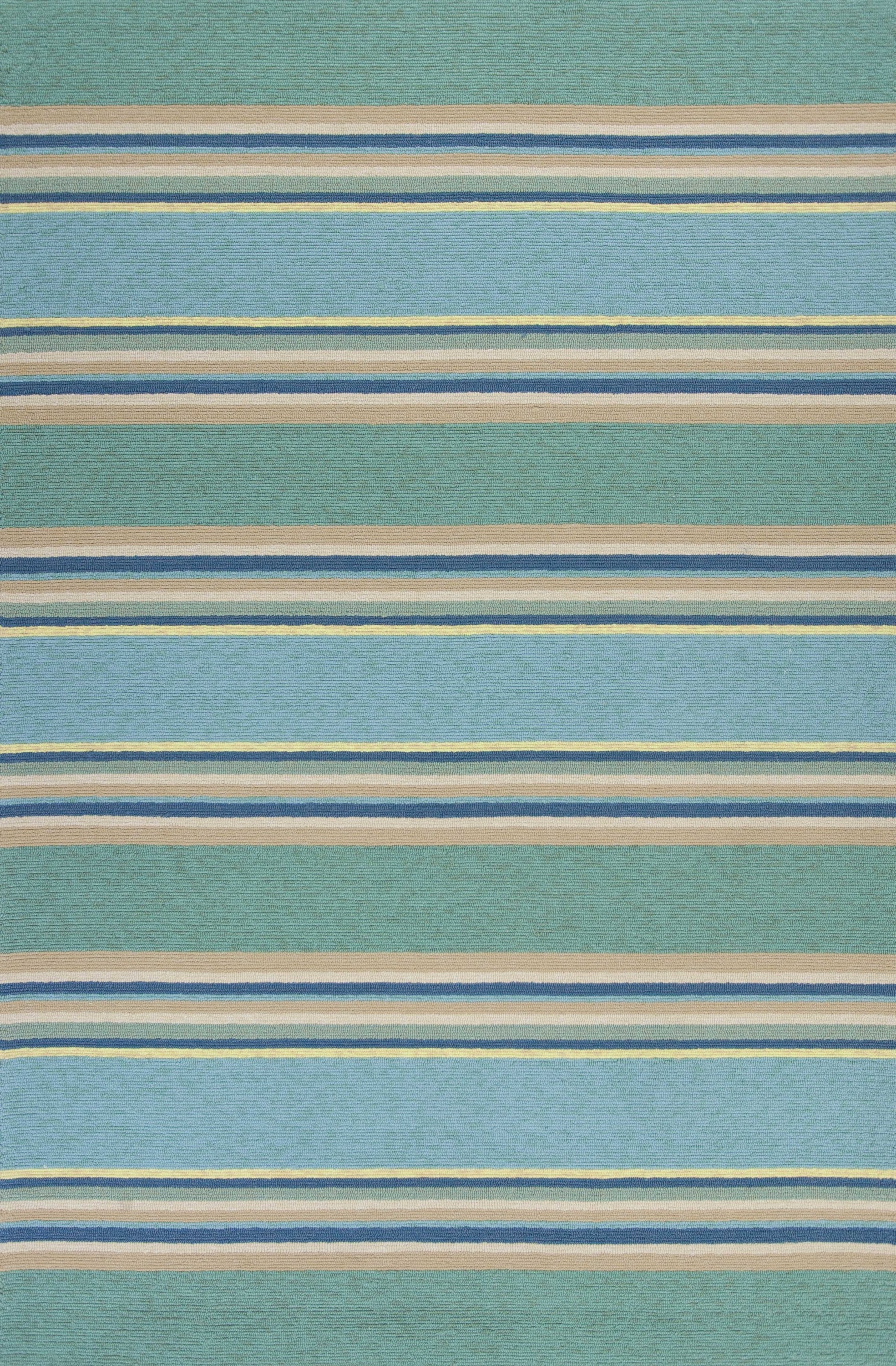 Ocean Blue Hand Hooked UV Treated Awning Stripes rug, showcasing intricate hand-hooked design and vibrant color, suitable for indoor and outdoor use.