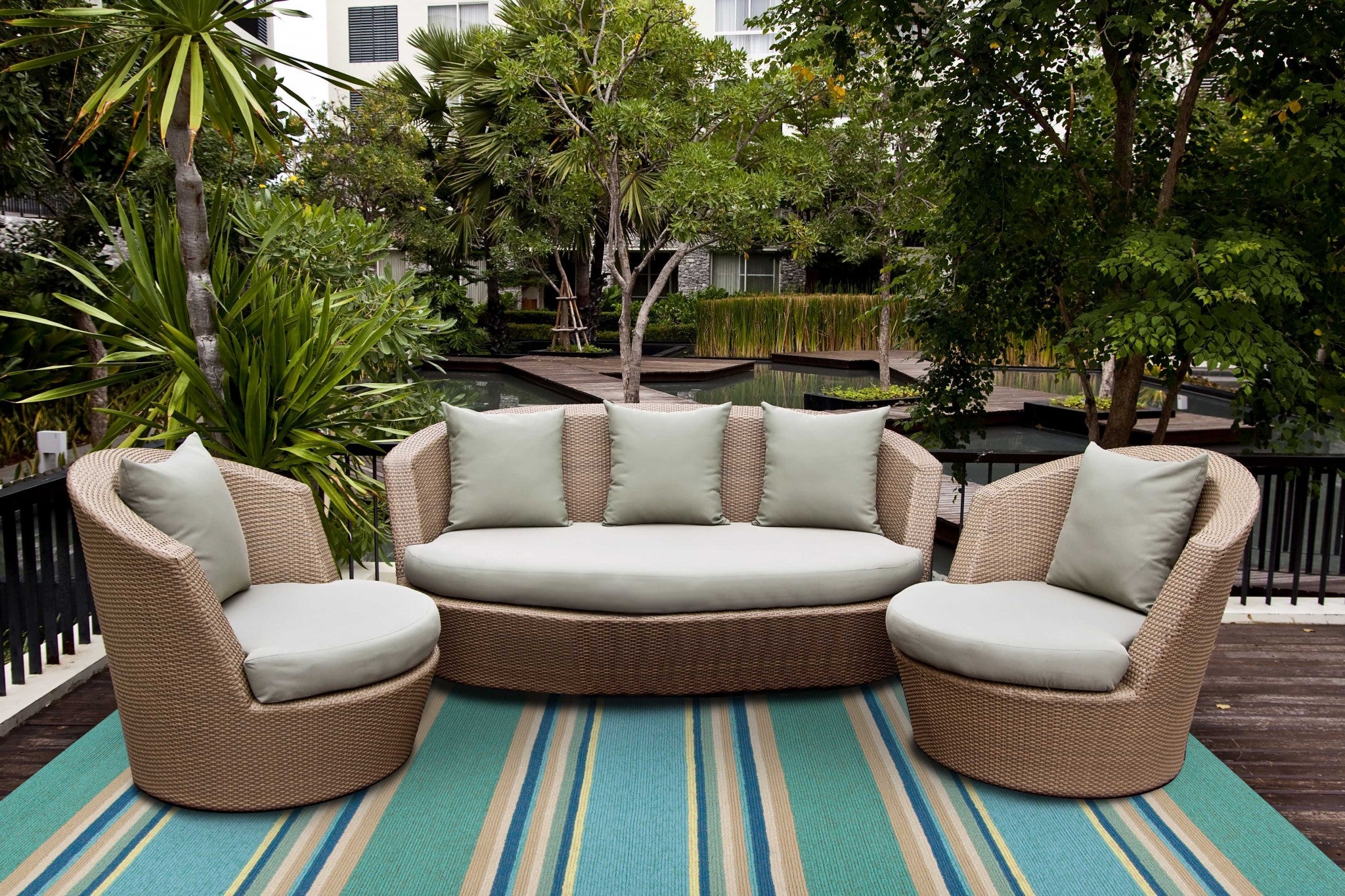 Ocean Blue Hand Hooked UV Treated Awning Stripes rug, showcasing intricate hand-hooked design and vibrant color, suitable for indoor and outdoor use.