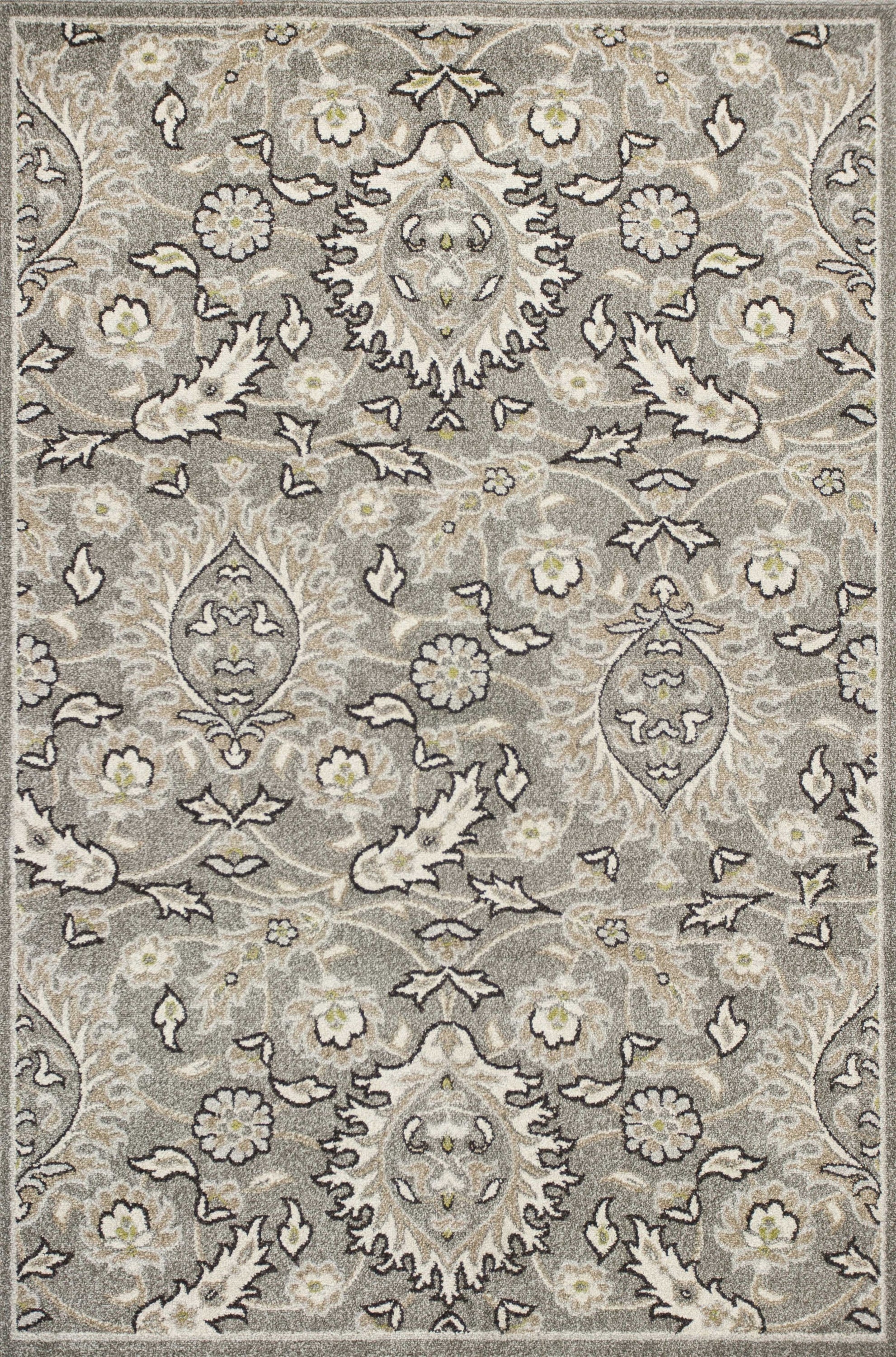 A beautiful grey machine woven rug featuring floral patterns, perfect for enhancing home decor.