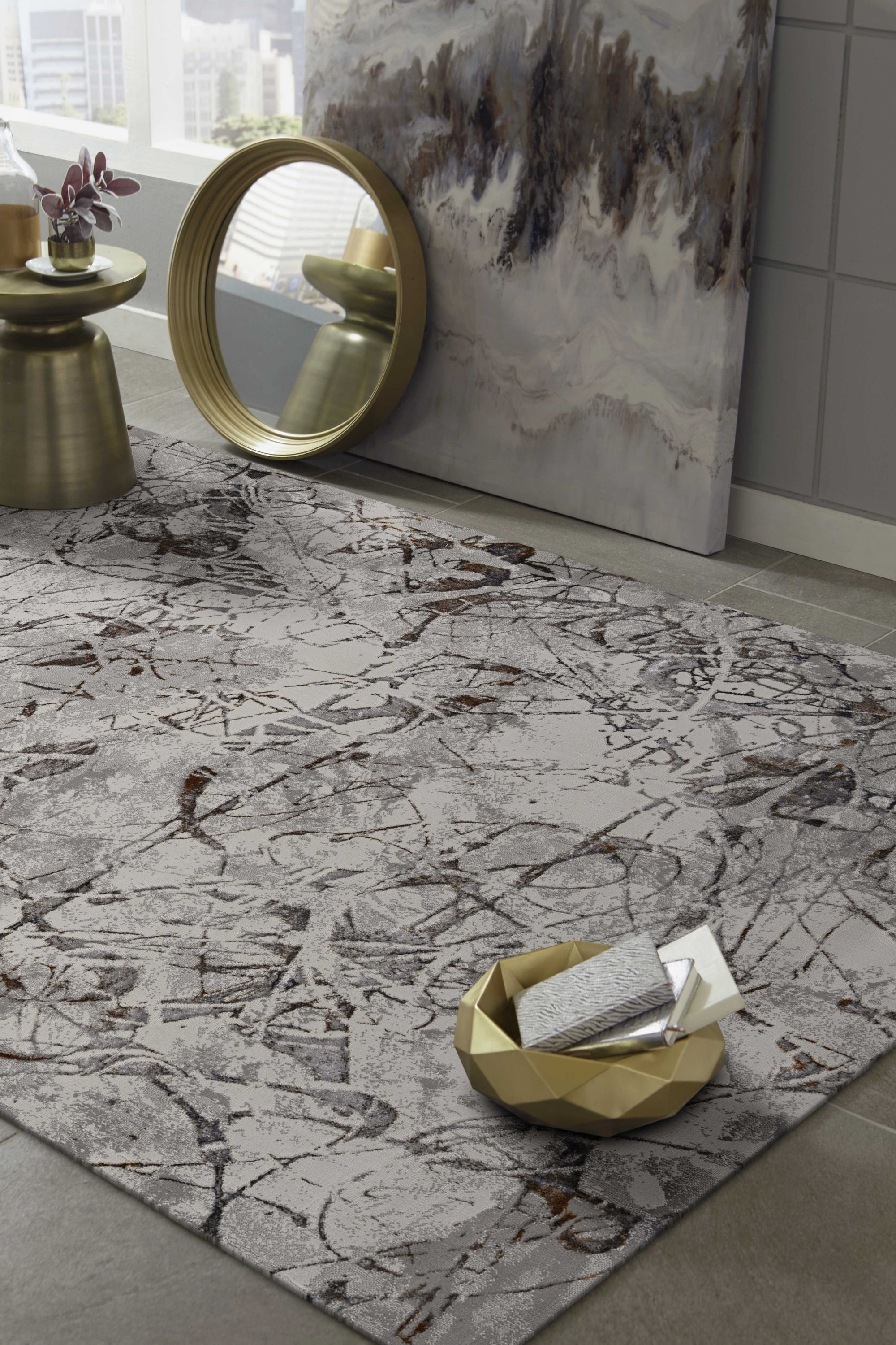 8 inches x 11 inches ivory grey machine woven abstract vermicular indoor rug with metallic highlights, showcasing a contemporary design.