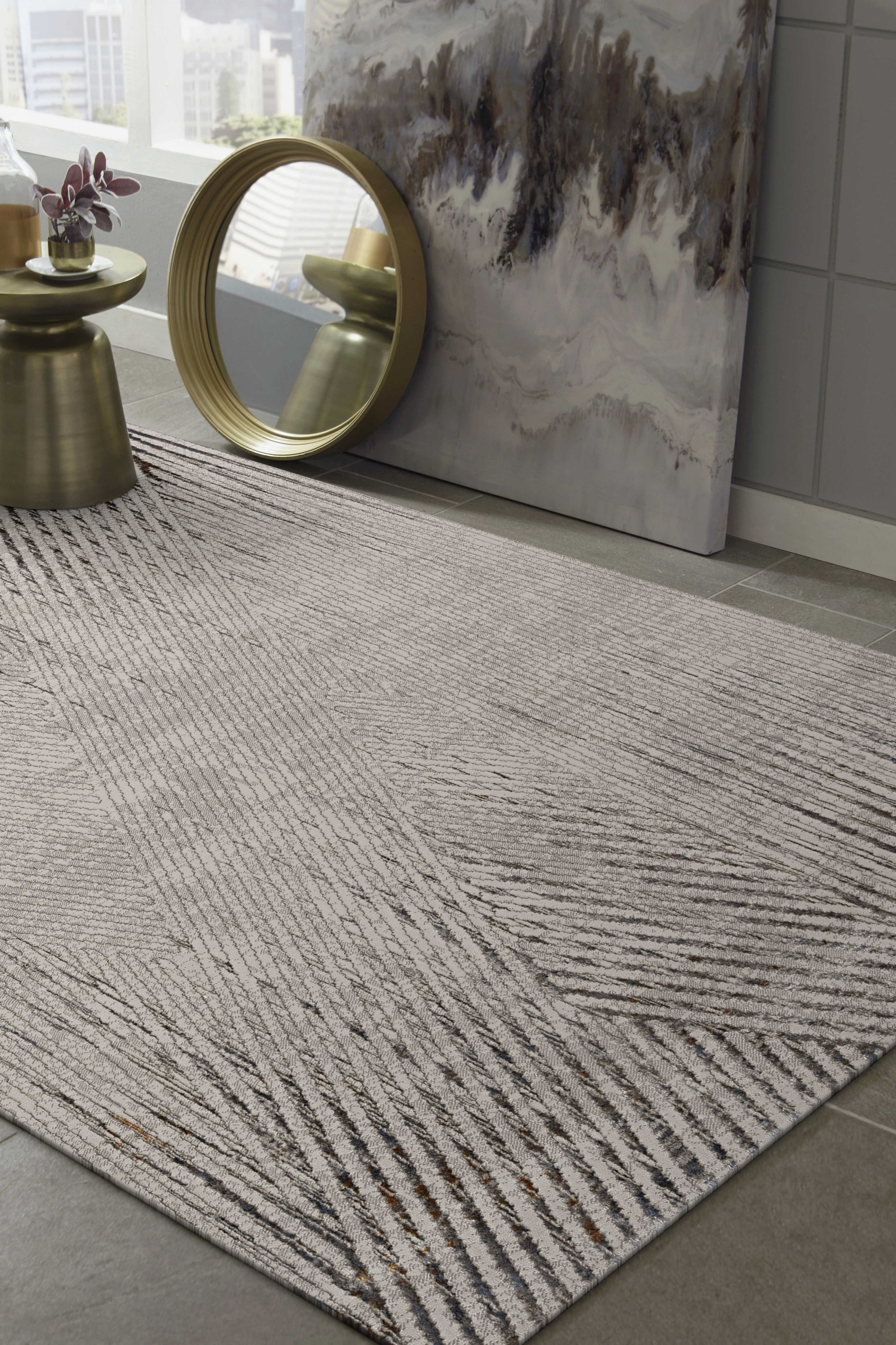 8 inches x 11 inches ivory grey machine woven geometric lines indoor area rug with metallic highlights, perfect for living rooms.