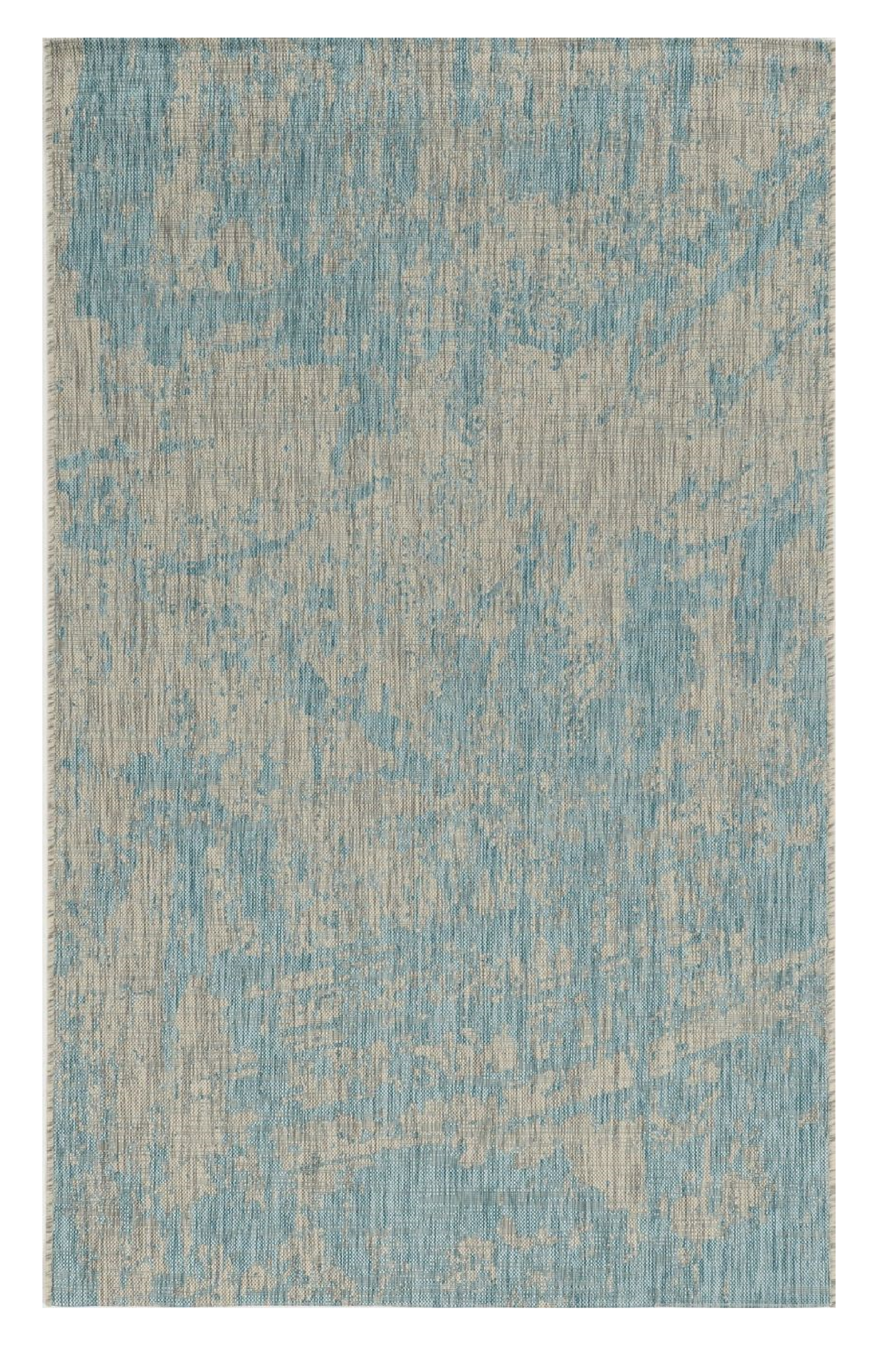 Teal machine woven abstract strokes rug, showcasing vibrant colors and modern design, suitable for indoor and outdoor use.