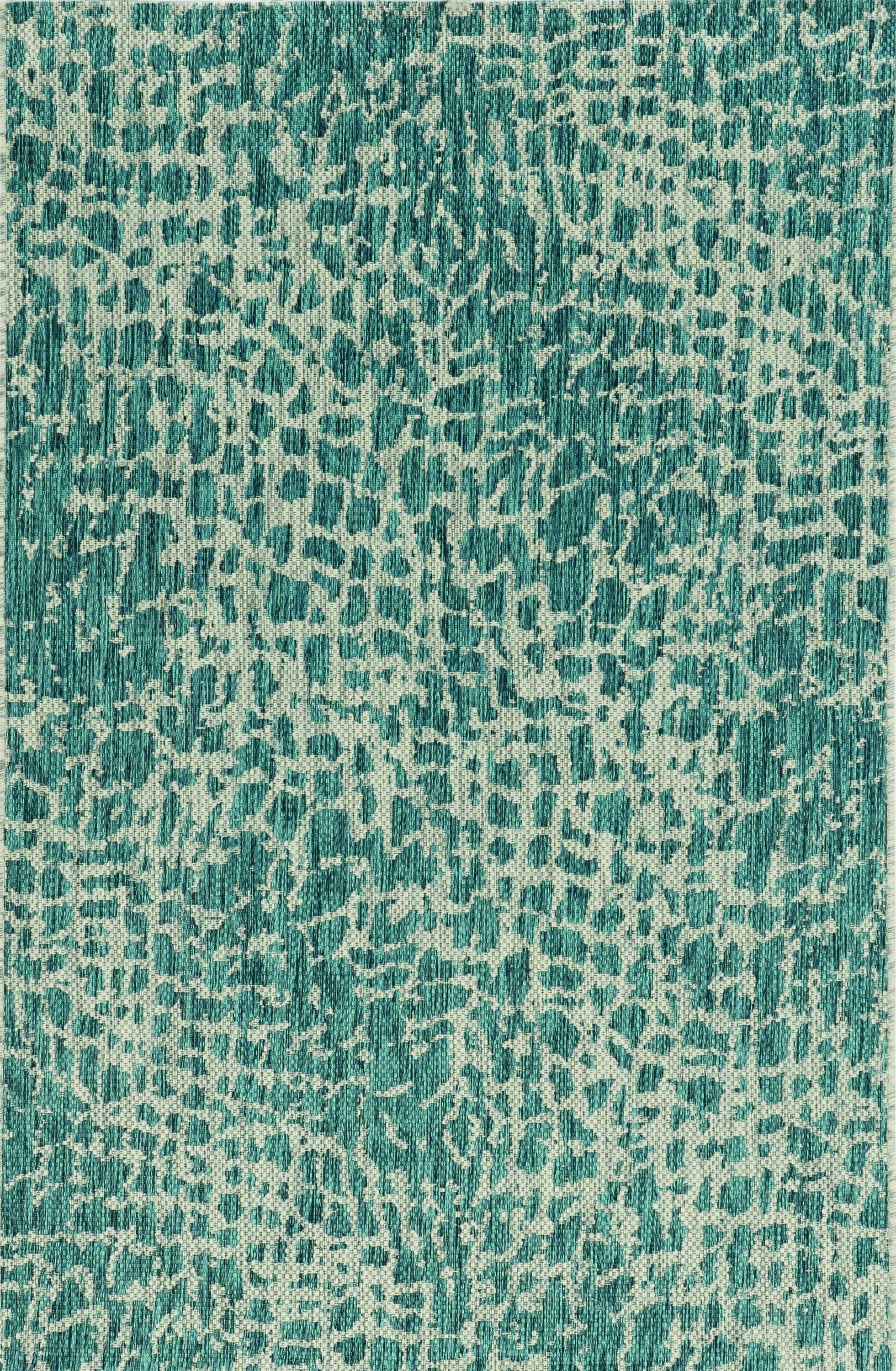 Teal machine woven UV treated animal print rug, showcasing vibrant colors and trendy patterns, suitable for indoor and outdoor use.