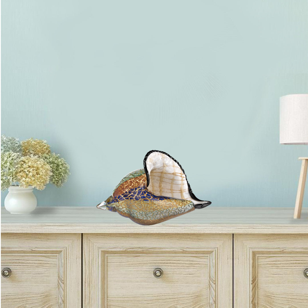 A vibrant 9 MultiColor Large Conch Shell Art Glass ice bucket showcasing intricate glasswork and a stunning multi-color design, perfect for home decor.