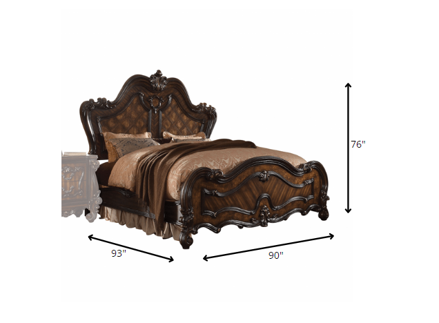 Cherry Oak Wood Poly Resin Eastern King bed with carved scrollwork headboard and ample storage, showcasing vintage elegance.