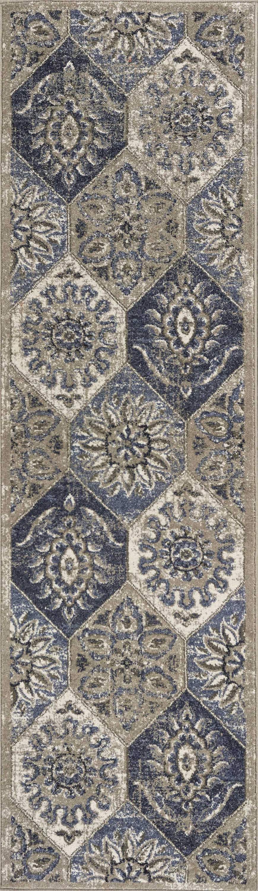 A large 91" X 130" pewter polypropylene rug featuring vintage patterns and trendy colors, showcasing its plush texture and elegant design.