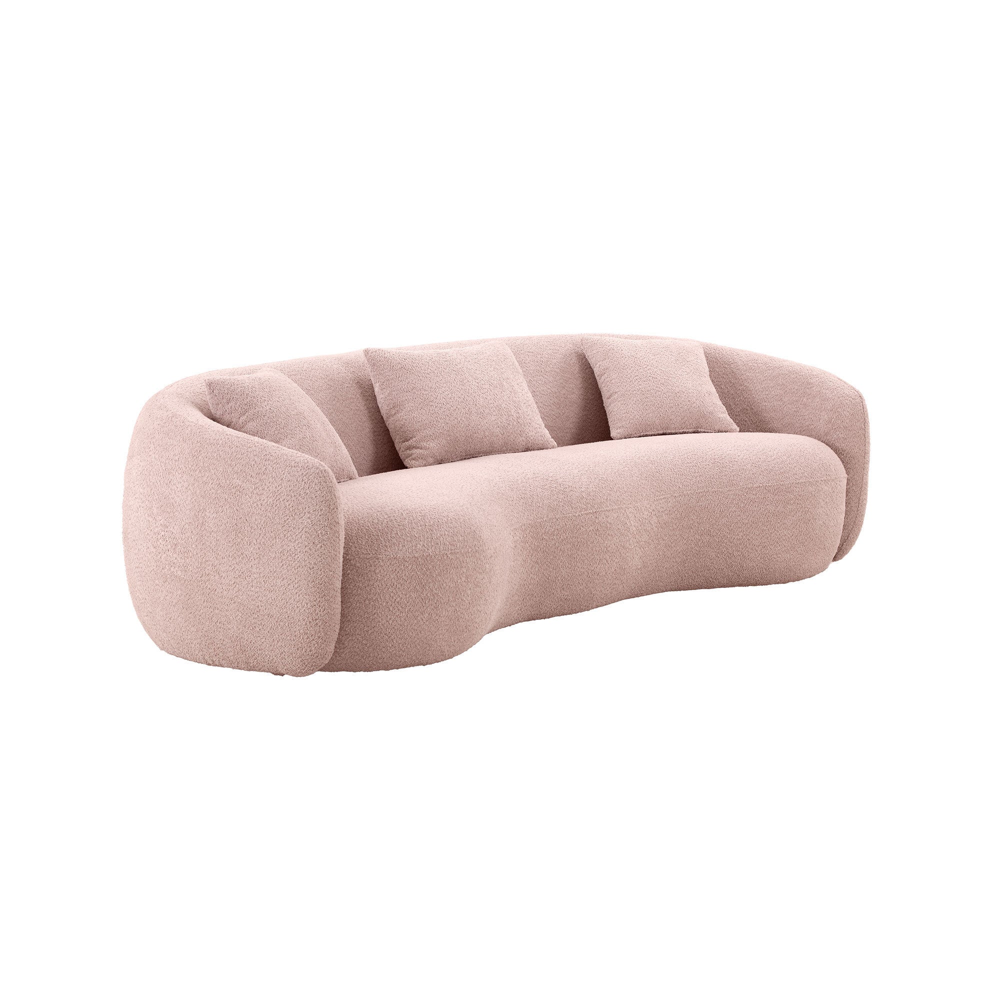 A stylish 93.6'' Mid Century Modern Curved Living Room Sofa in baby pink boucle fabric, featuring a comfortable design and elegant curves.