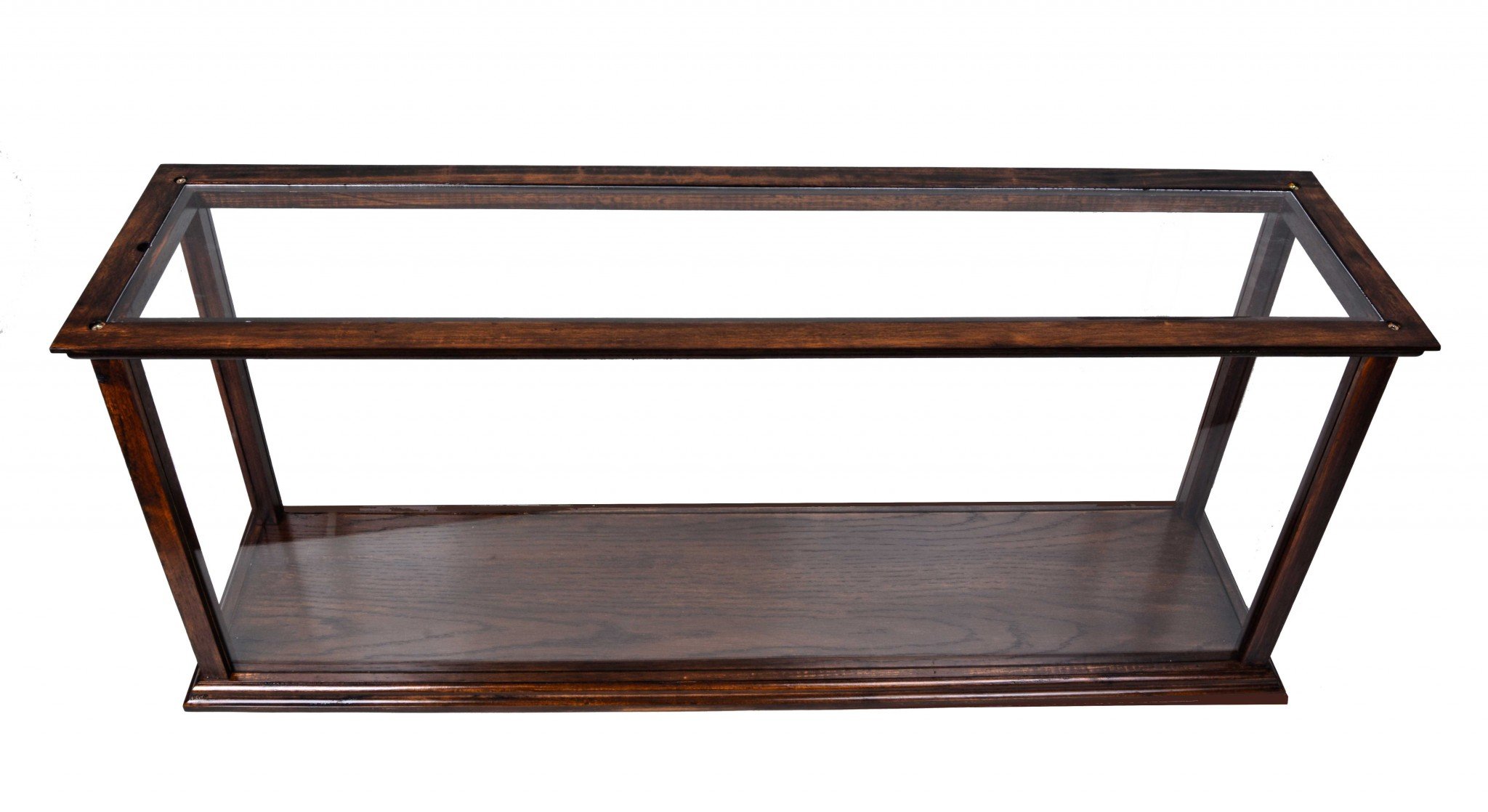 Elegant hardwood display case for cruise liners, featuring plexiglass panels and classic brown finish, showcasing model ships.