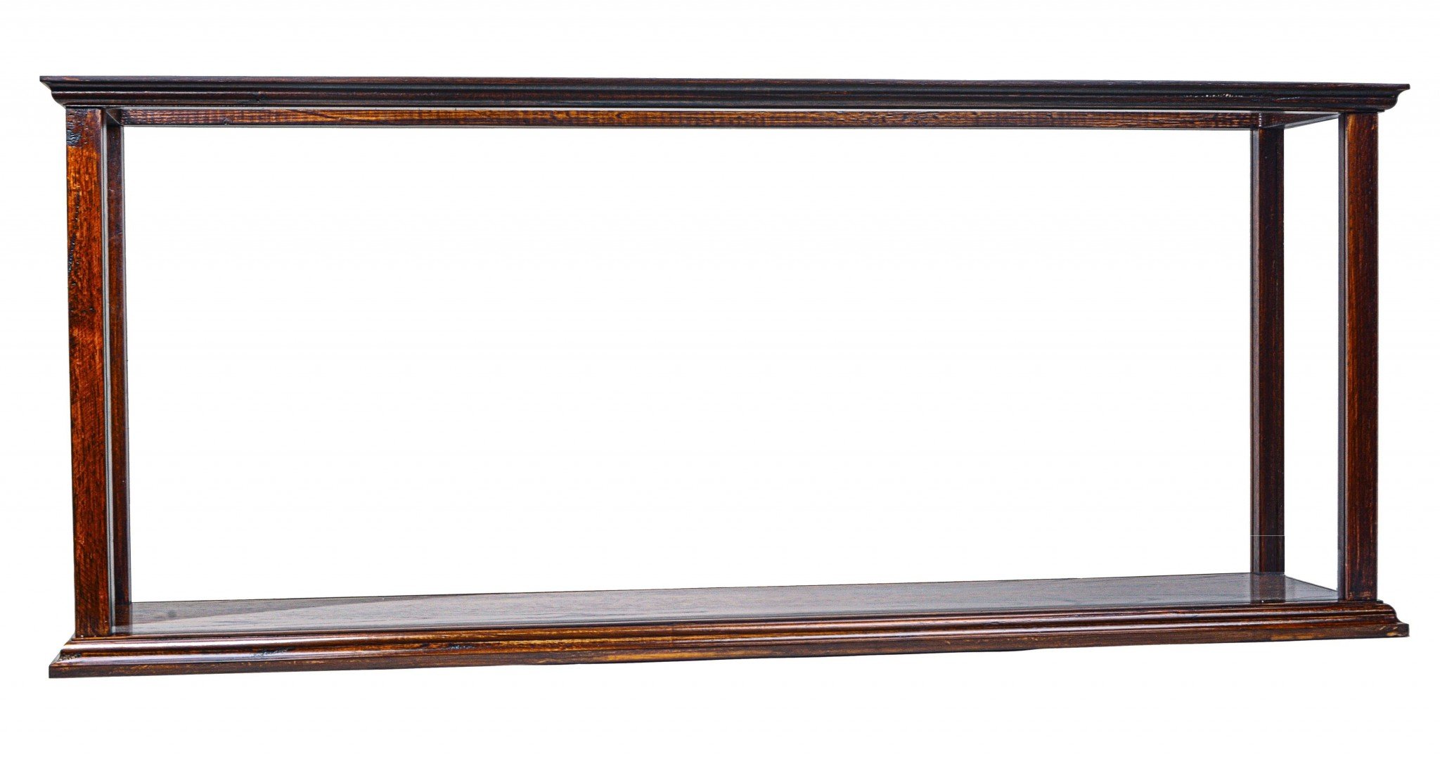 Elegant hardwood display case for cruise liners, featuring plexiglass panels and classic brown finish, showcasing model ships.
