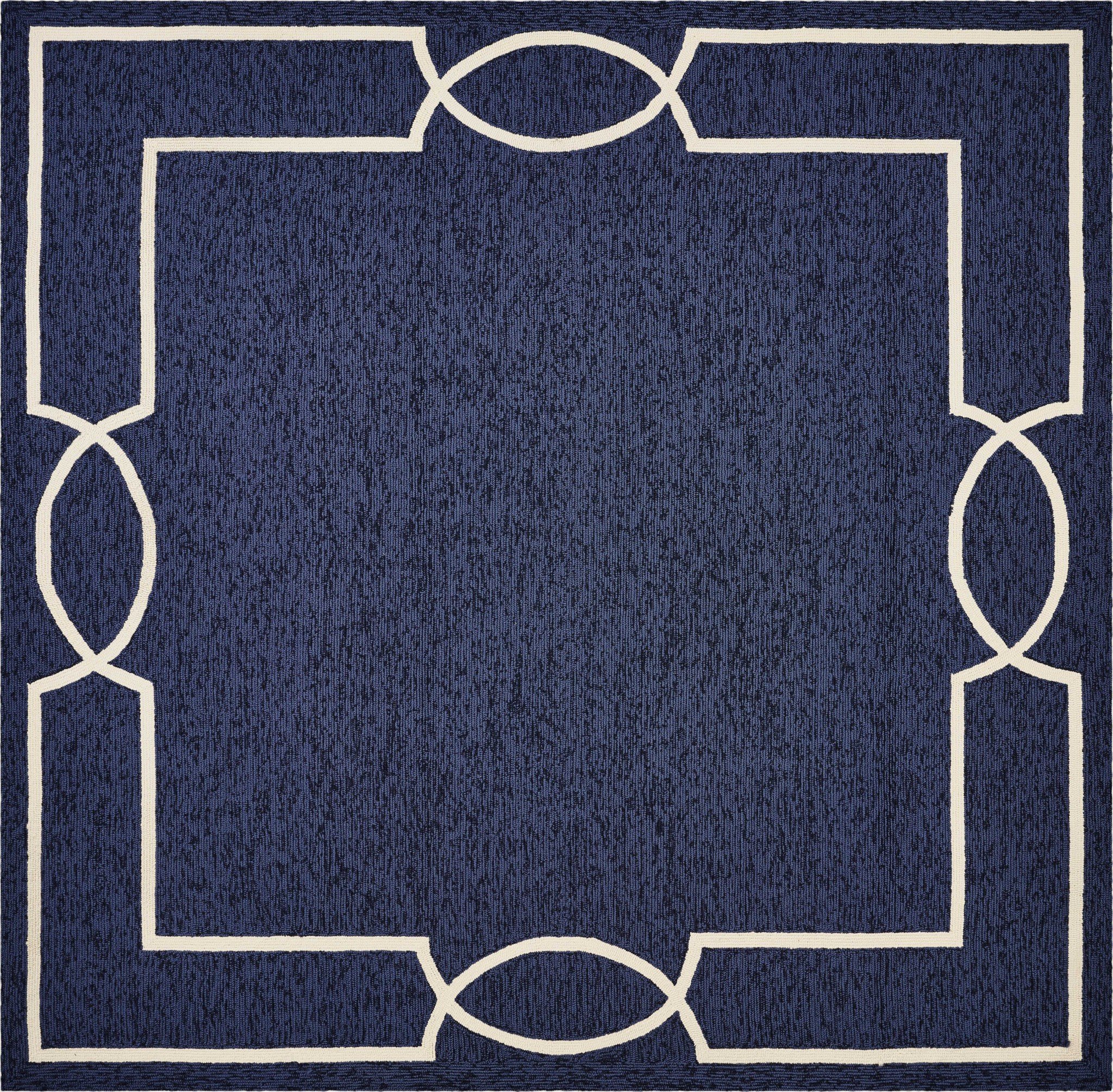 A large 96 x 132 Ocean Polypropylene Rug in navy blue and aqua colors, showcasing a coastal design suitable for indoor and outdoor use.